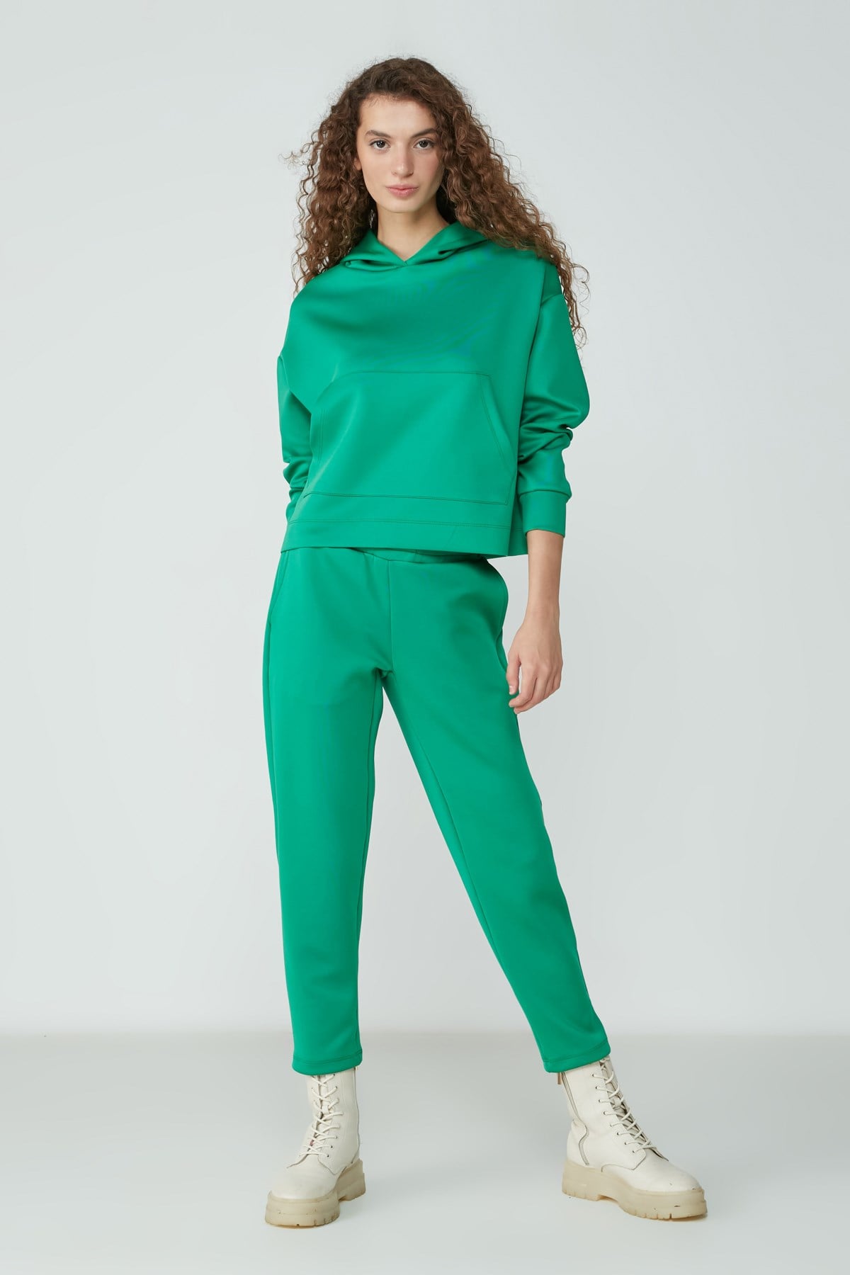 C&City Kapüşonlu Sweatshirt Yan Cepli Pantolon Pijama Takım 9103 Yeşil
