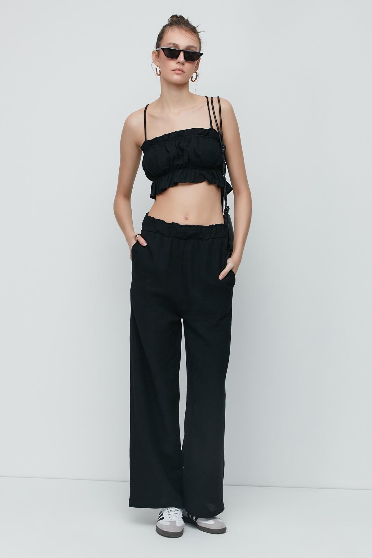 C&City Organik Pamuk Müslin Crop Büstiyer Pantolon Takım 9124 Siyah