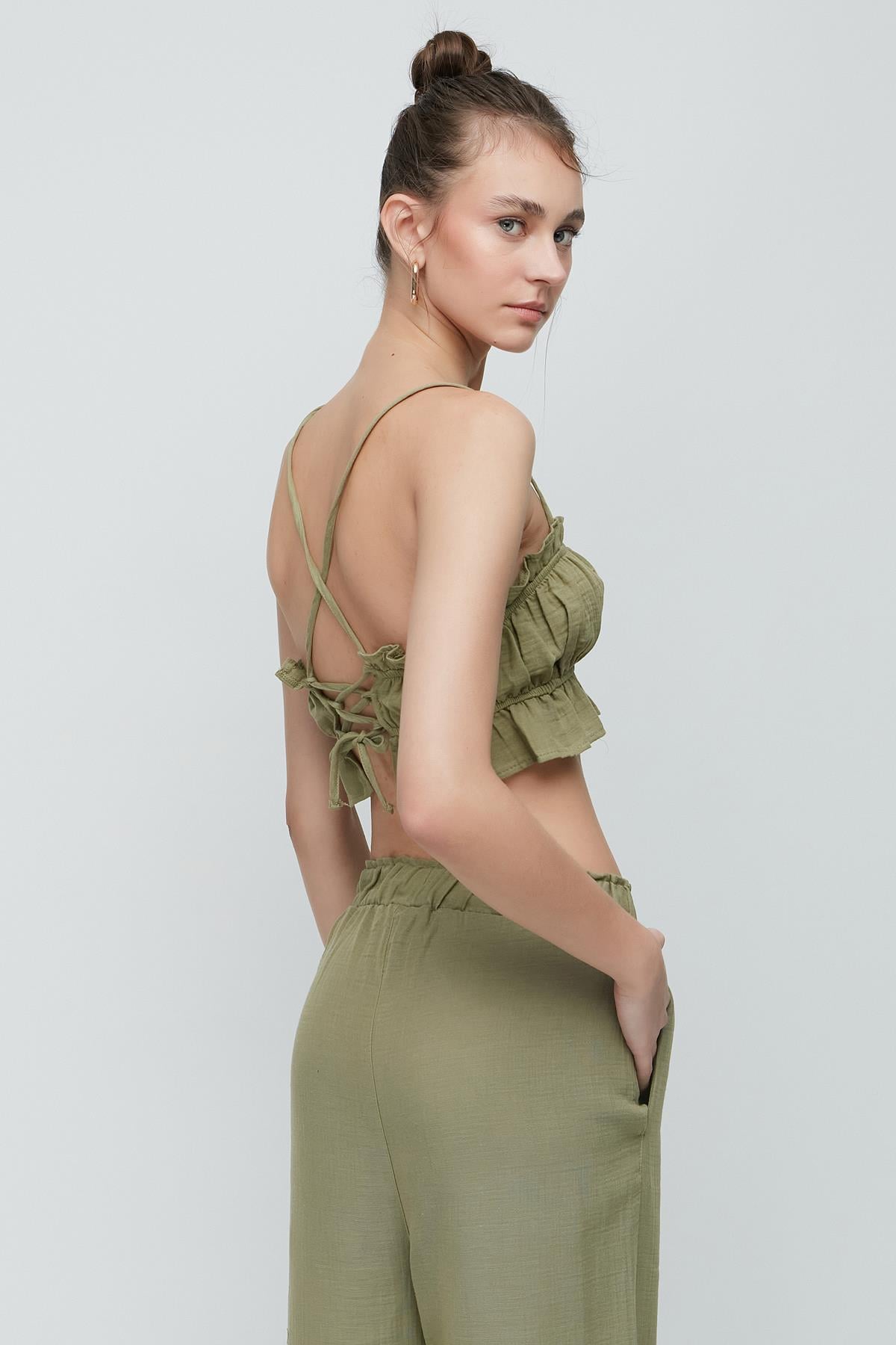 C&City Organik Pamuk Müslin Crop Büstiyer Pantolon Takım 9124 Haki