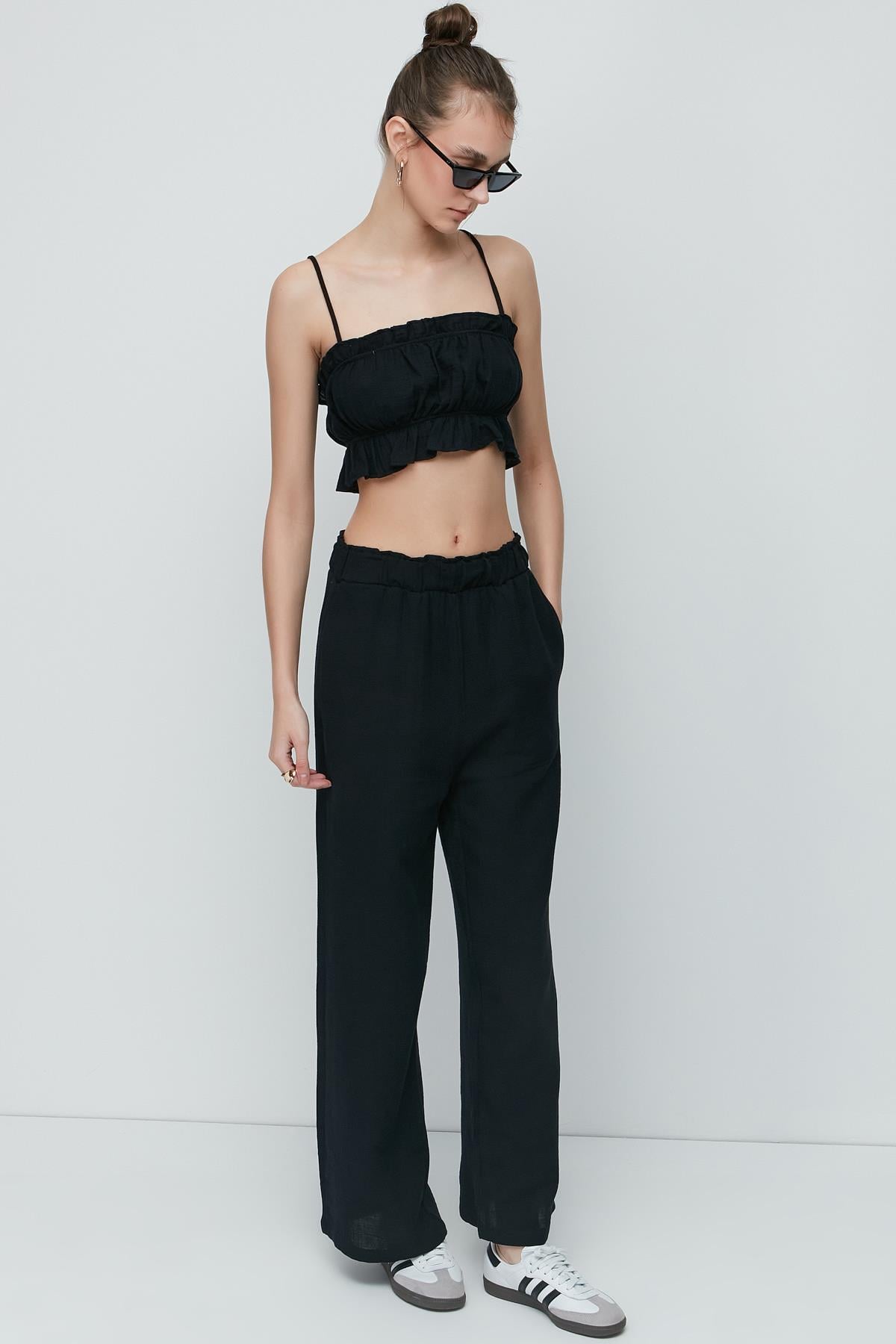 C&City Organik Pamuk Müslin Crop Büstiyer Pantolon Takım 9124 Siyah