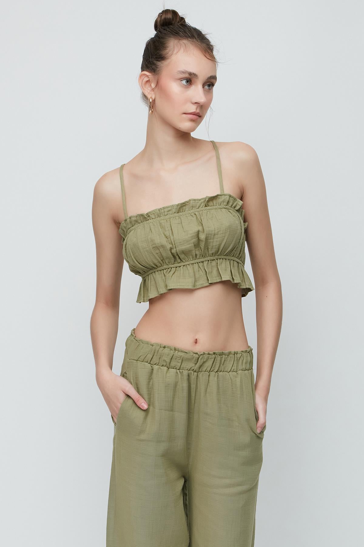 C&City Organik Pamuk Müslin Crop Büstiyer Pantolon Takım 9124 Haki