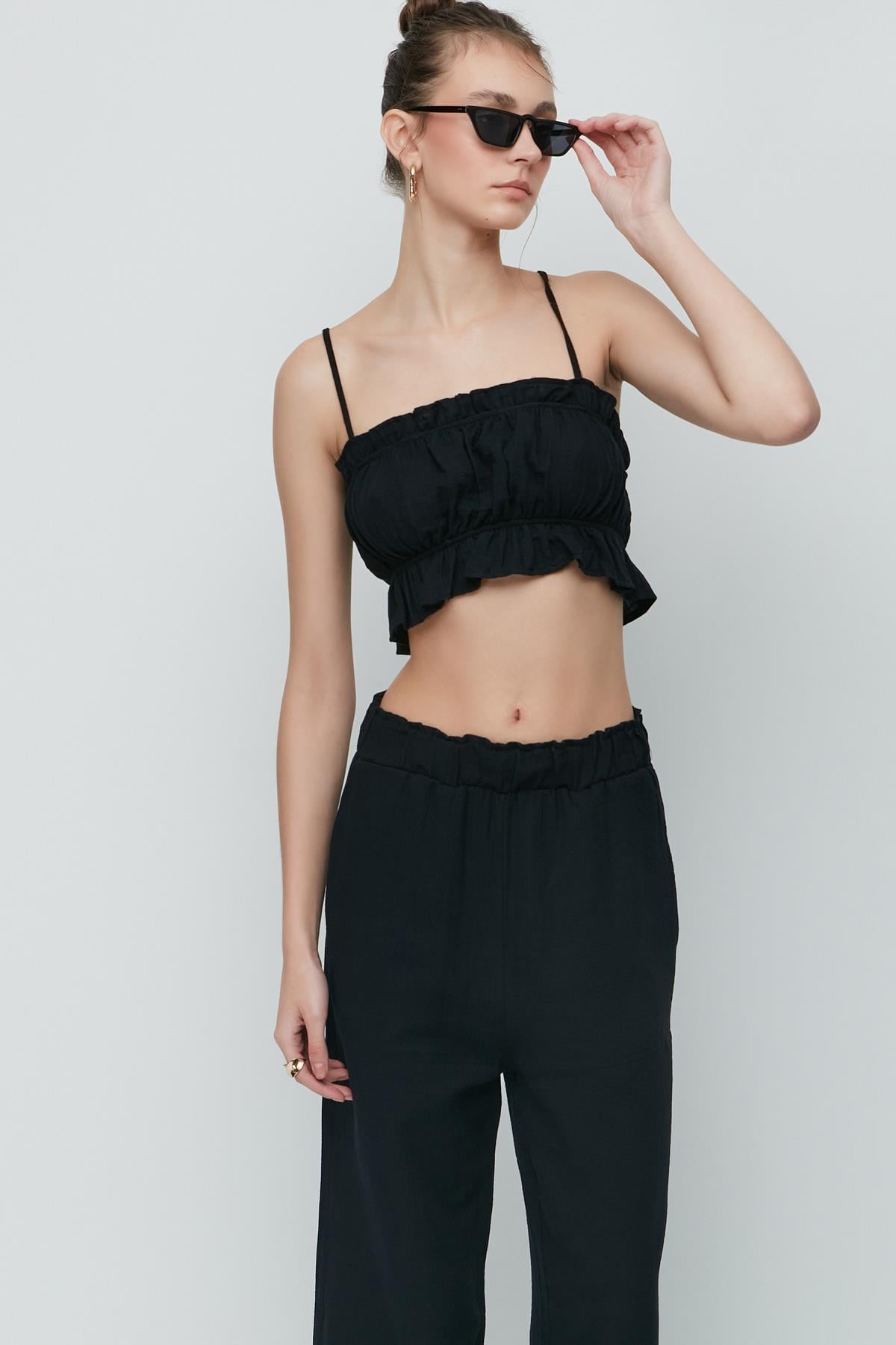 C&City Organik Pamuk Müslin Crop Büstiyer Pantolon Takım 9124 Siyah