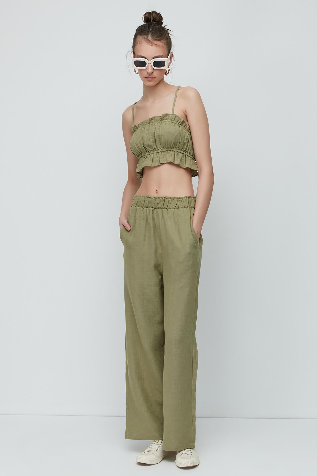 C&City Organik Pamuk Müslin Crop Büstiyer Pantolon Takım 9124 Haki