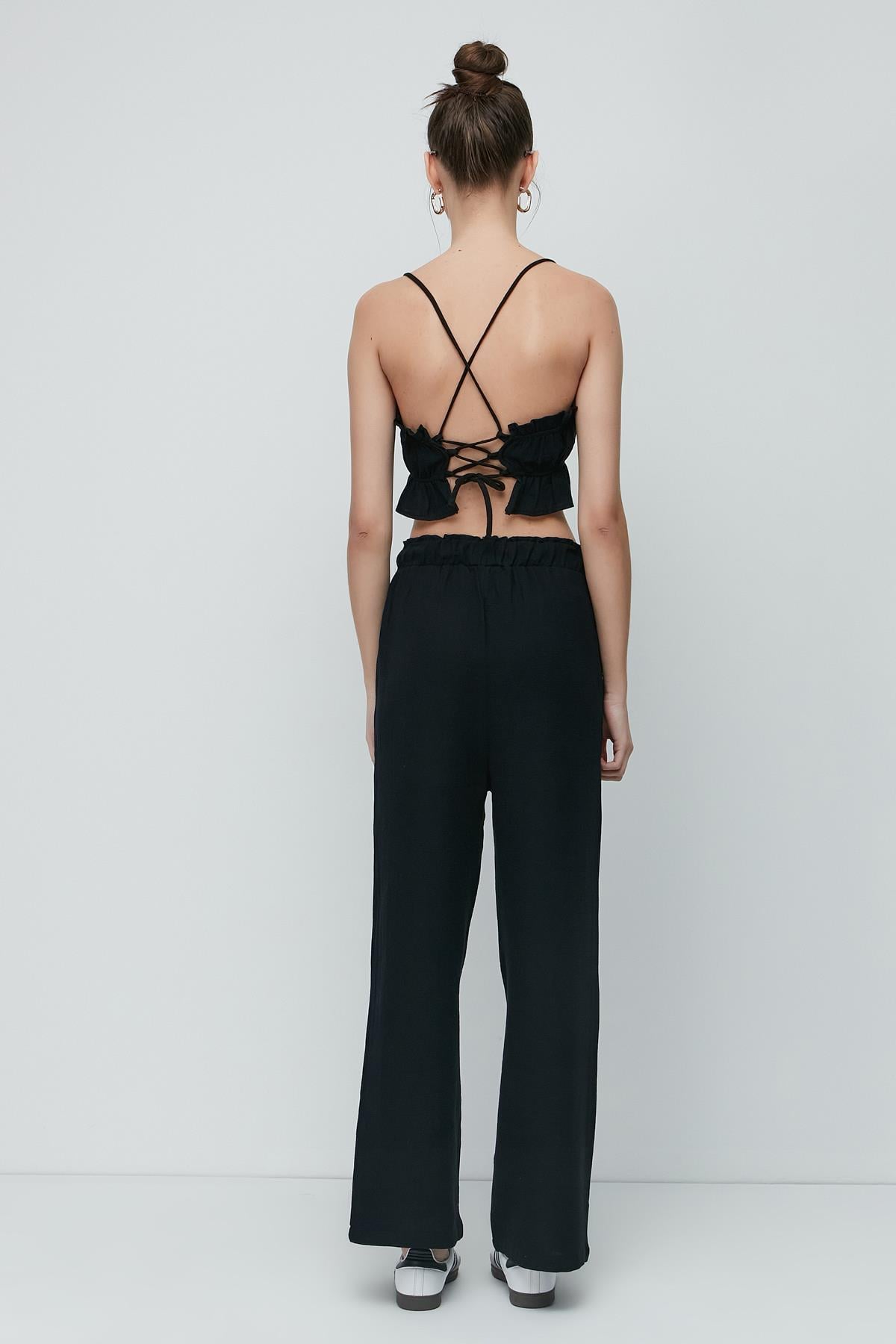 C&City Organik Pamuk Müslin Crop Büstiyer Pantolon Takım 9124 Siyah