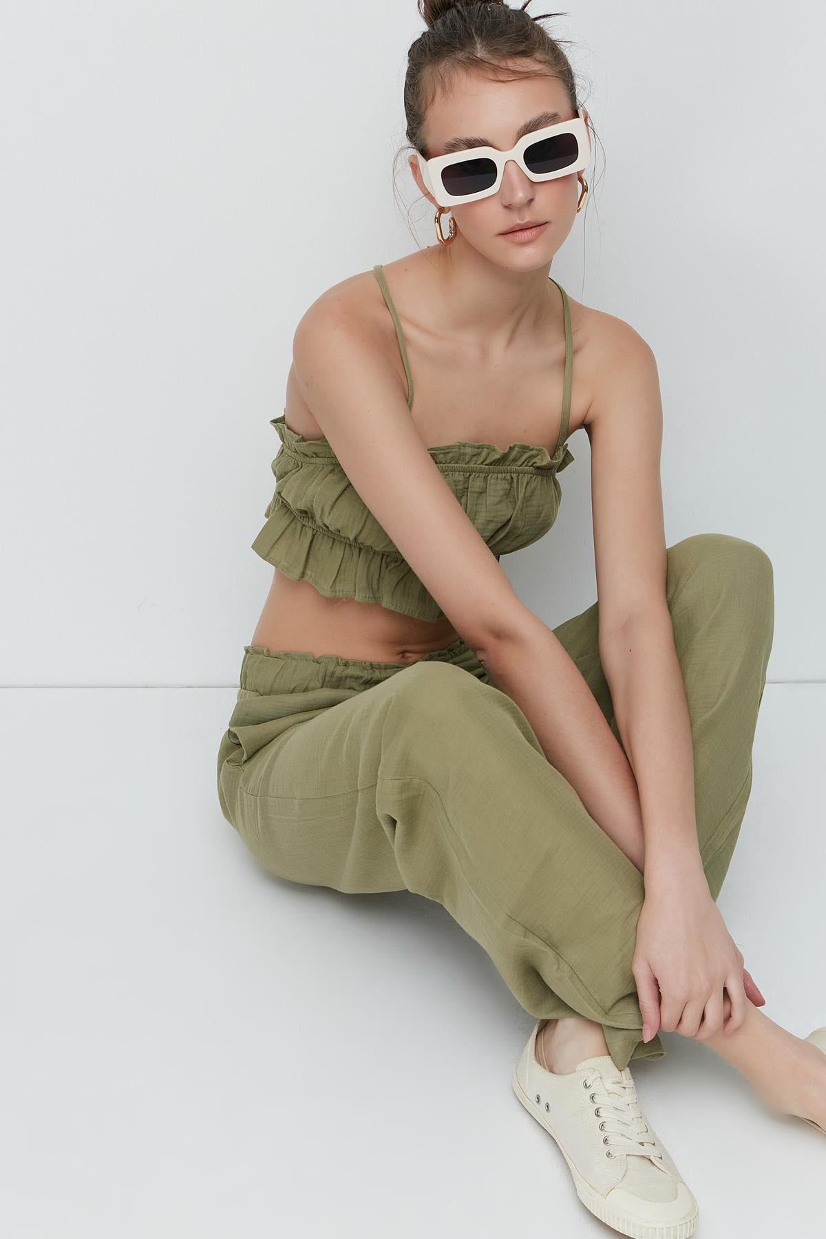 C&City Organik Pamuk Müslin Crop Büstiyer Pantolon Takım 9124 Haki