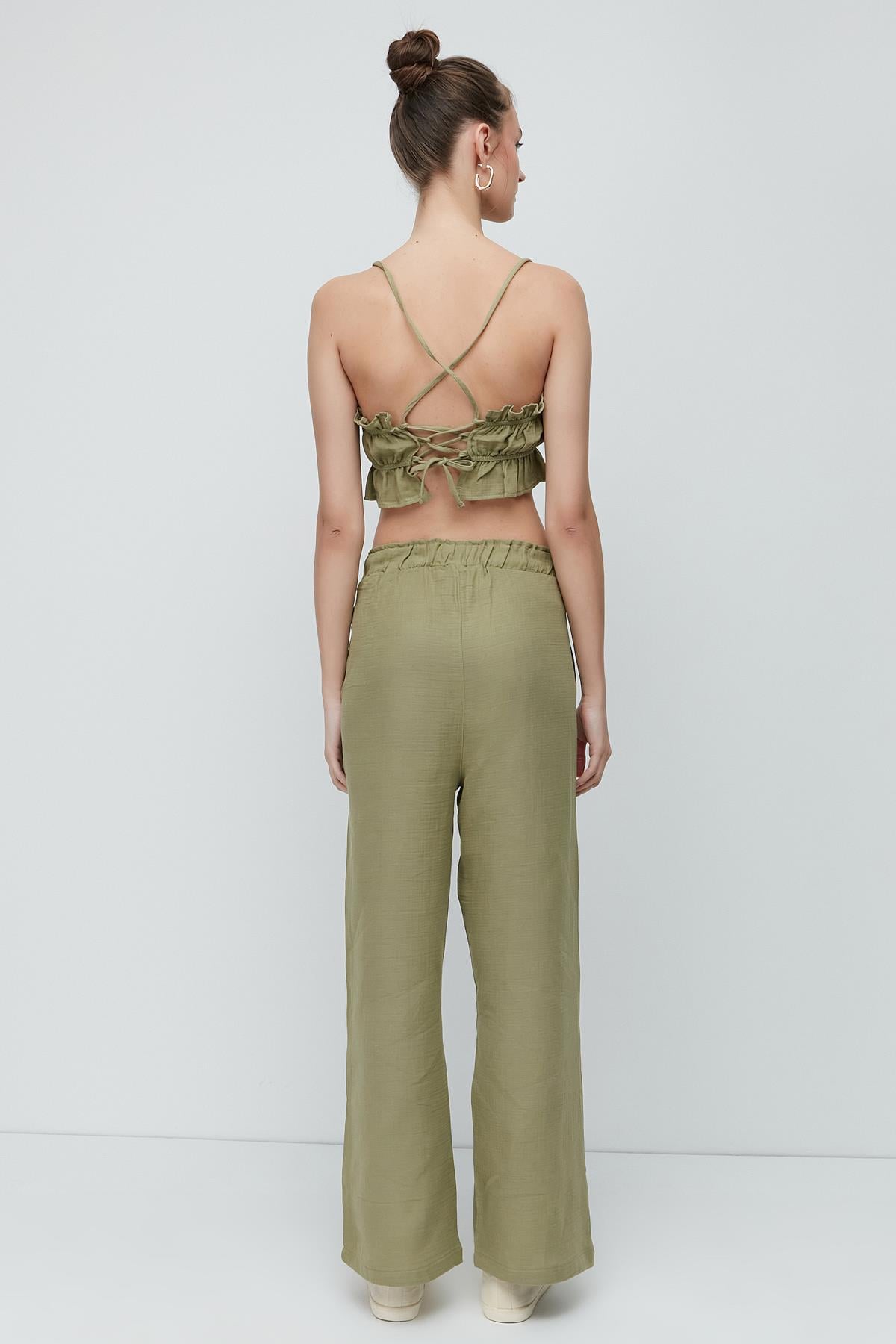 C&City Organik Pamuk Müslin Crop Büstiyer Pantolon Takım 9124 Haki