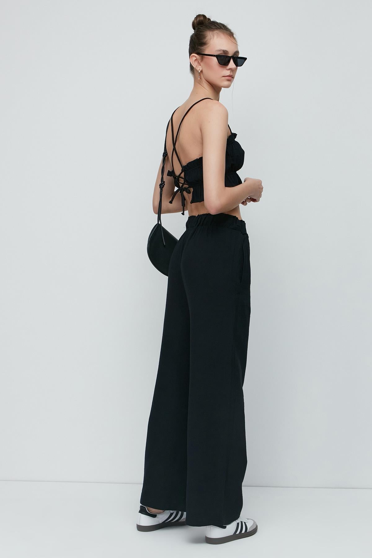 C&City Organik Pamuk Müslin Crop Büstiyer Pantolon Takım 9124 Siyah