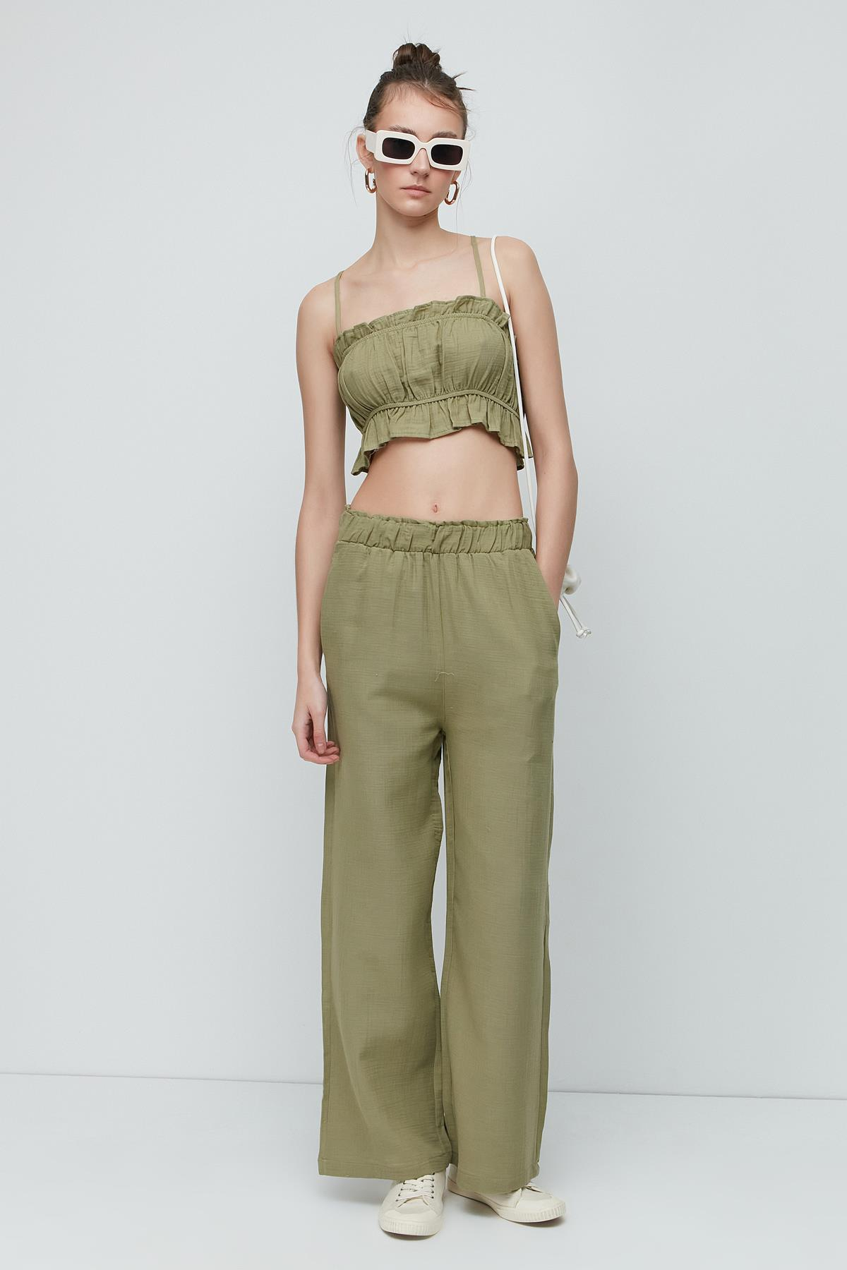 C&City Organik Pamuk Müslin Crop Büstiyer Pantolon Takım 9124 Haki