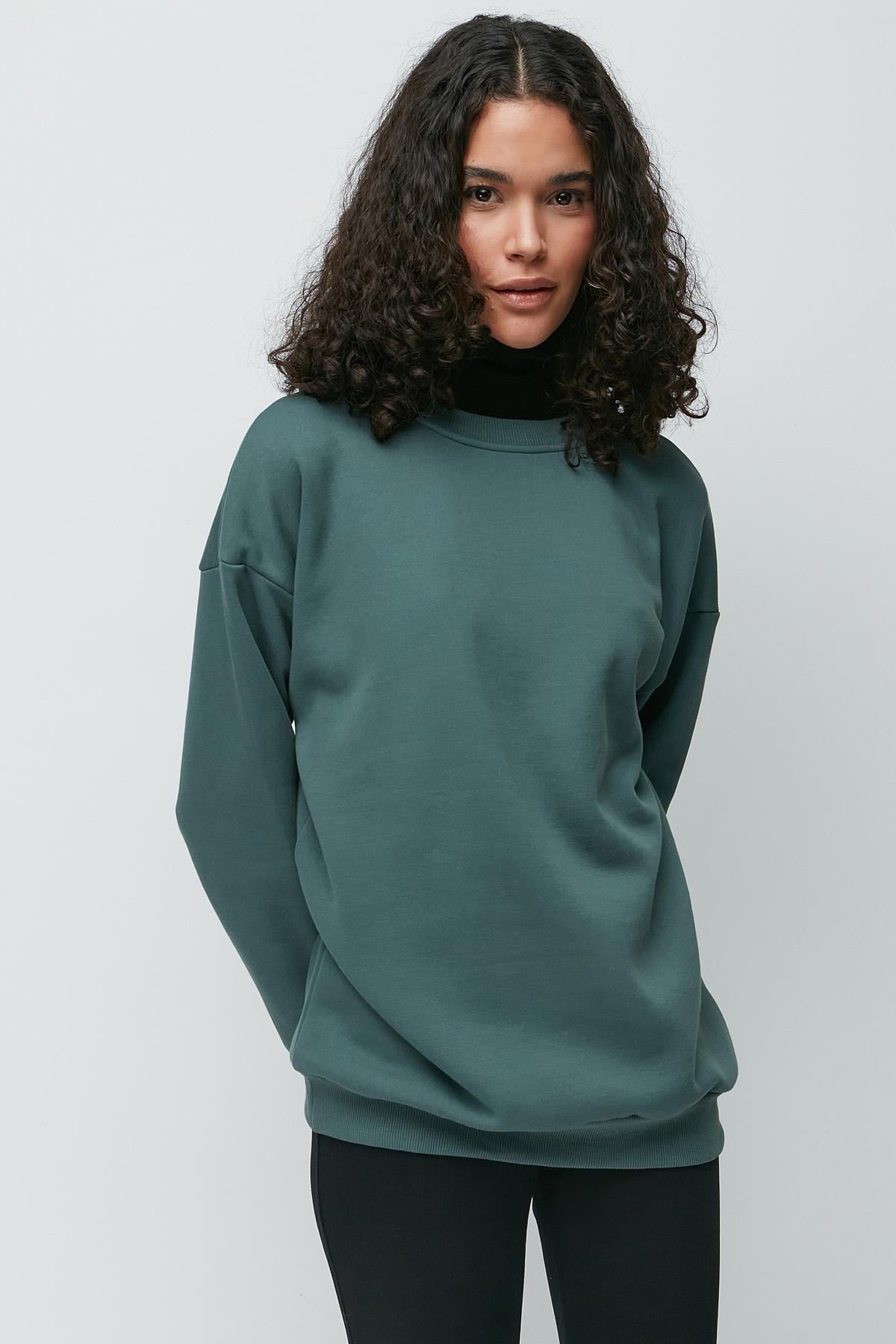 C&City Oversize Basic Bisiklet Yaka Kalın Sweatshirt 951 Yeşil