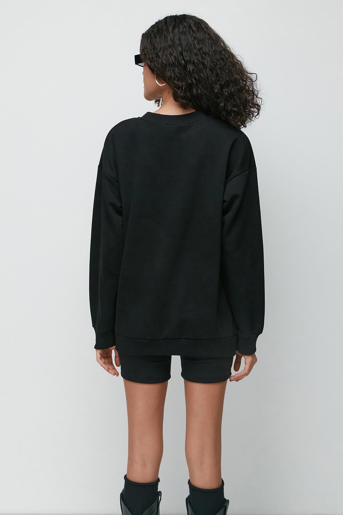 C&City Oversize Basic Bisiklet Yaka Kalın Sweatshirt 951 Siyah