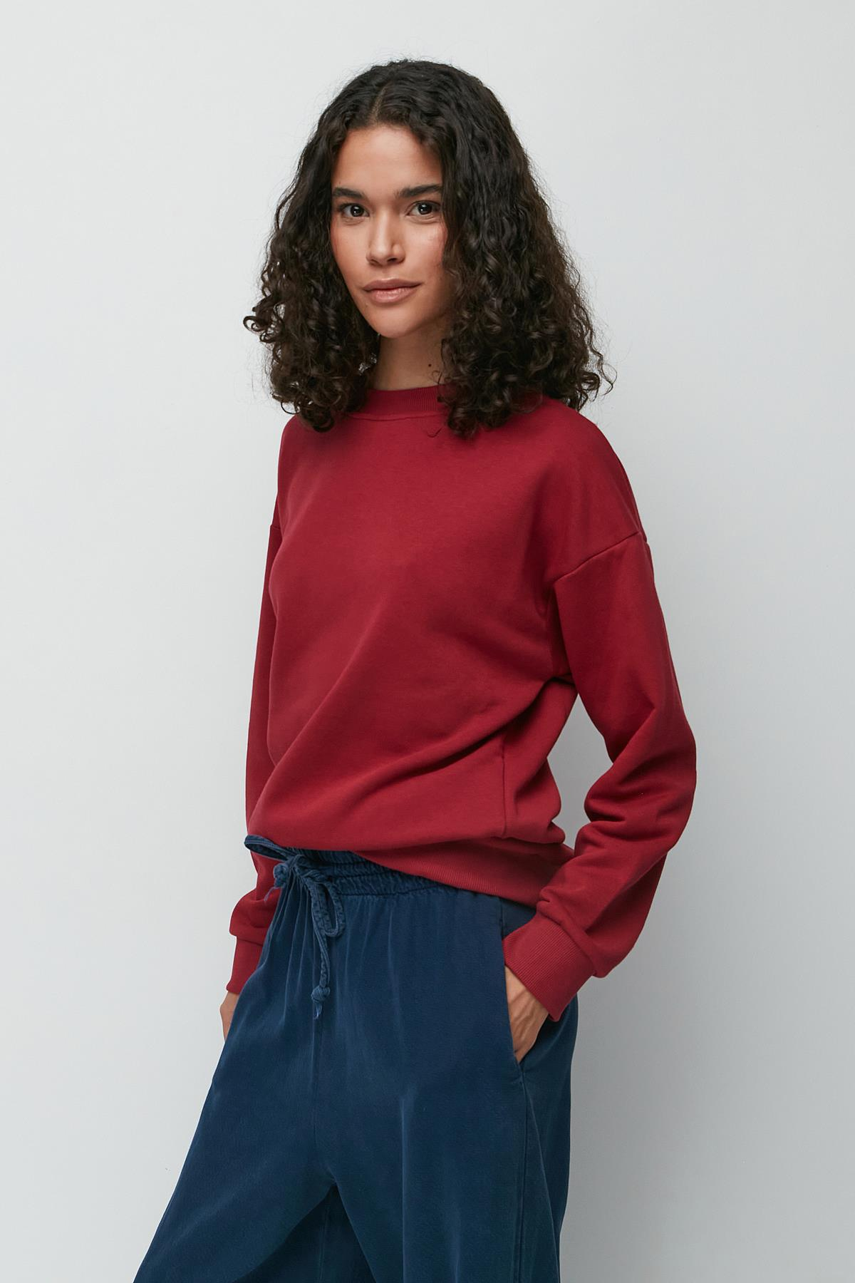 C&City Oversize Basic Bisiklet Yaka Kalın Sweatshirt 951 Bordo