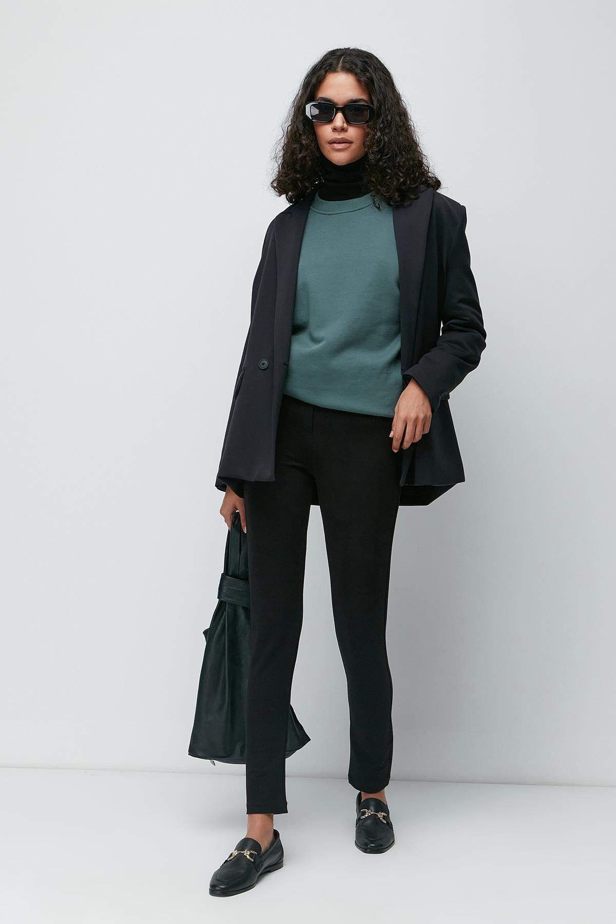 C&City Oversize Basic Bisiklet Yaka Kalın Sweatshirt 951 Yeşil