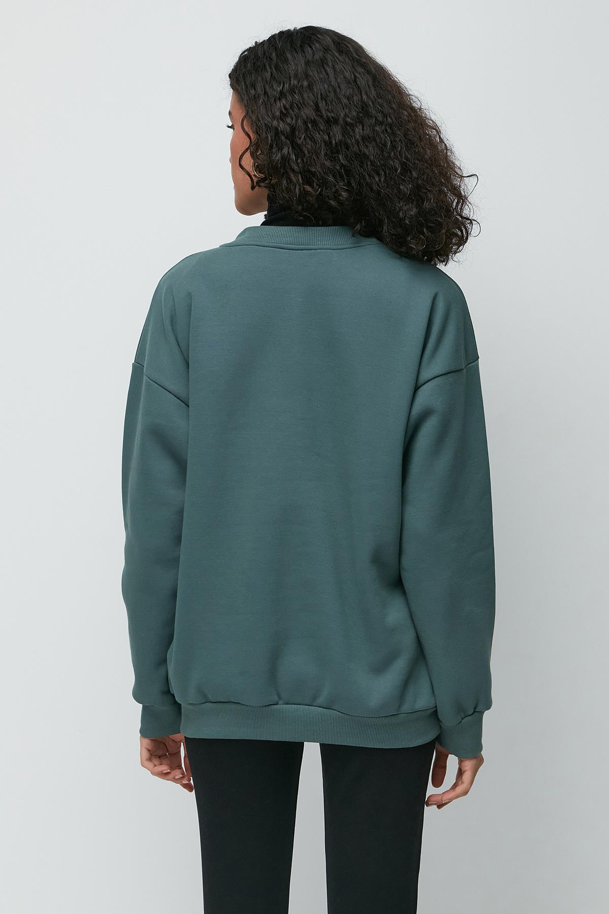 C&City Oversize Basic Bisiklet Yaka Kalın Sweatshirt 951 Yeşil