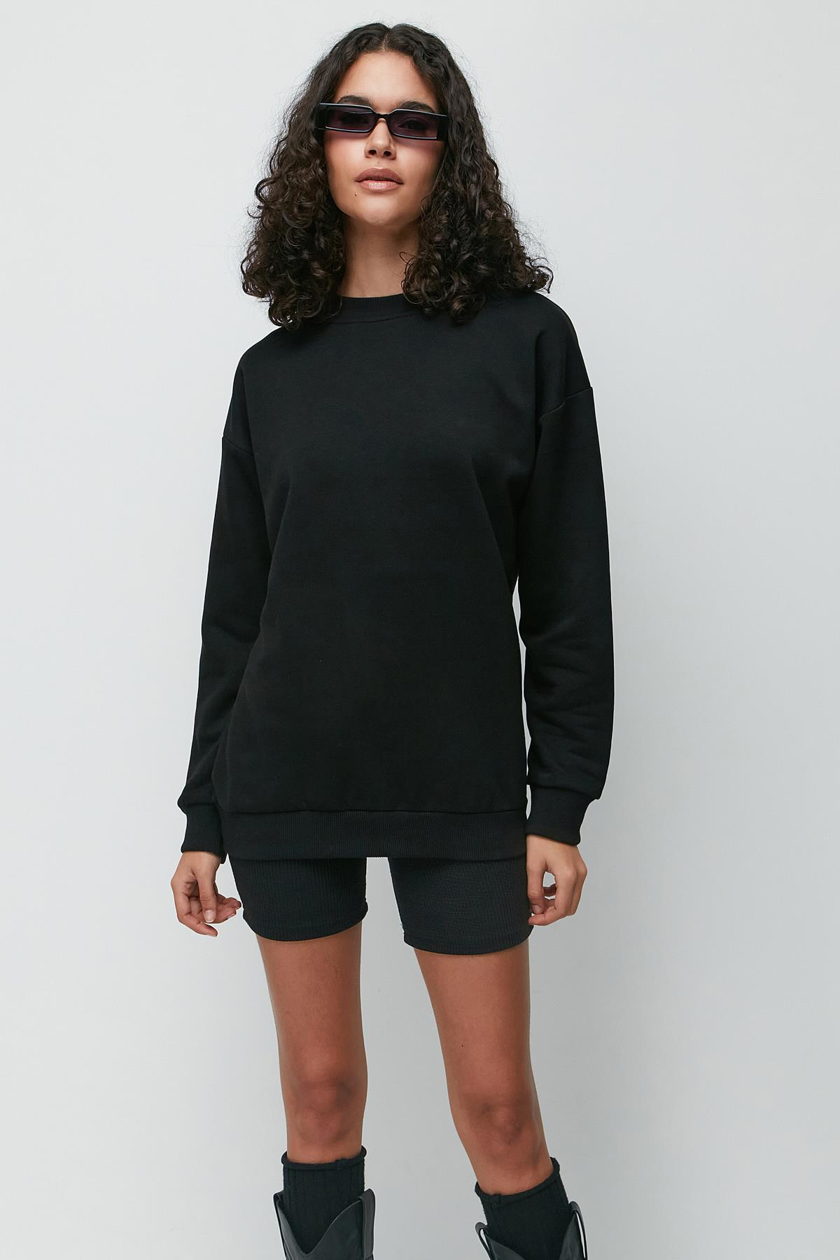 C&City Oversize Basic Bisiklet Yaka Kalın Sweatshirt 951 Siyah