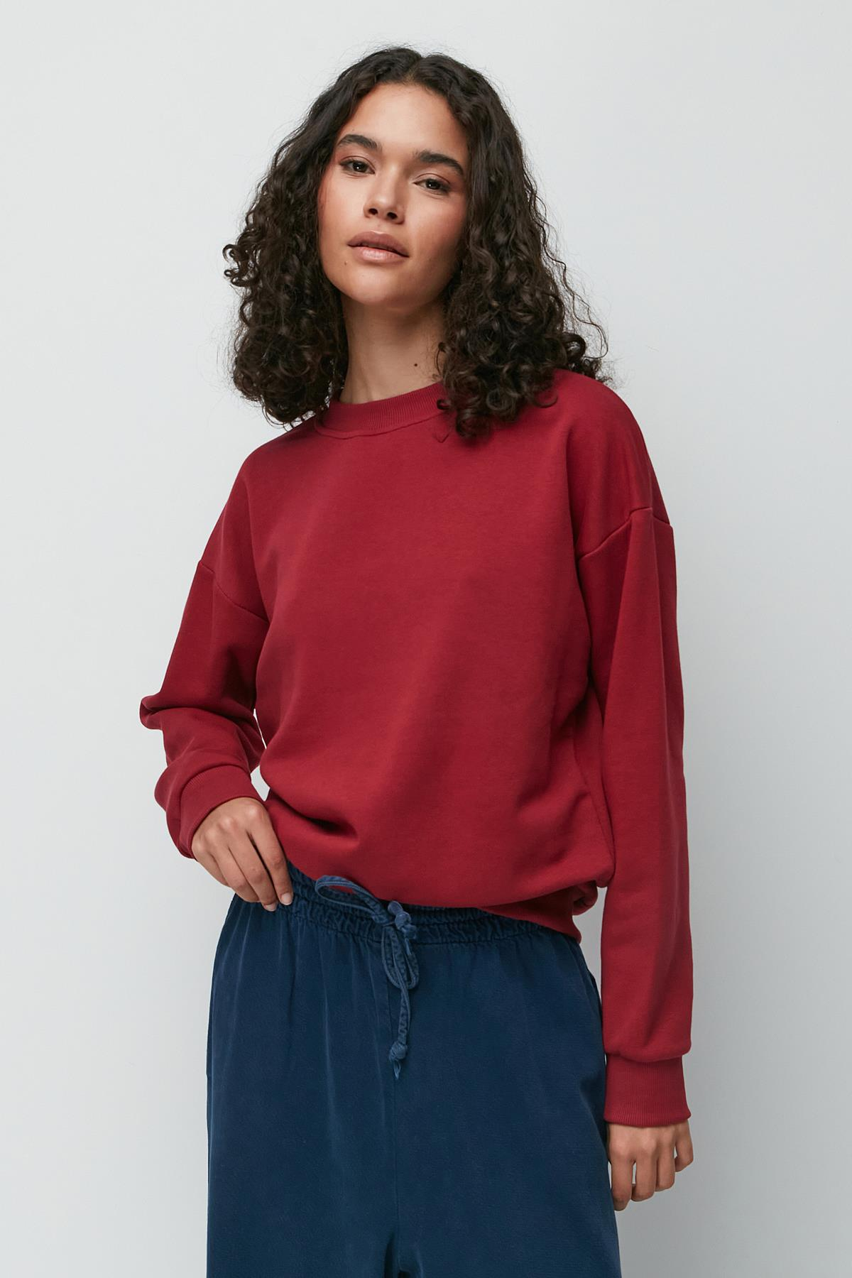 C&City Oversize Basic Bisiklet Yaka Kalın Sweatshirt 951 Bordo