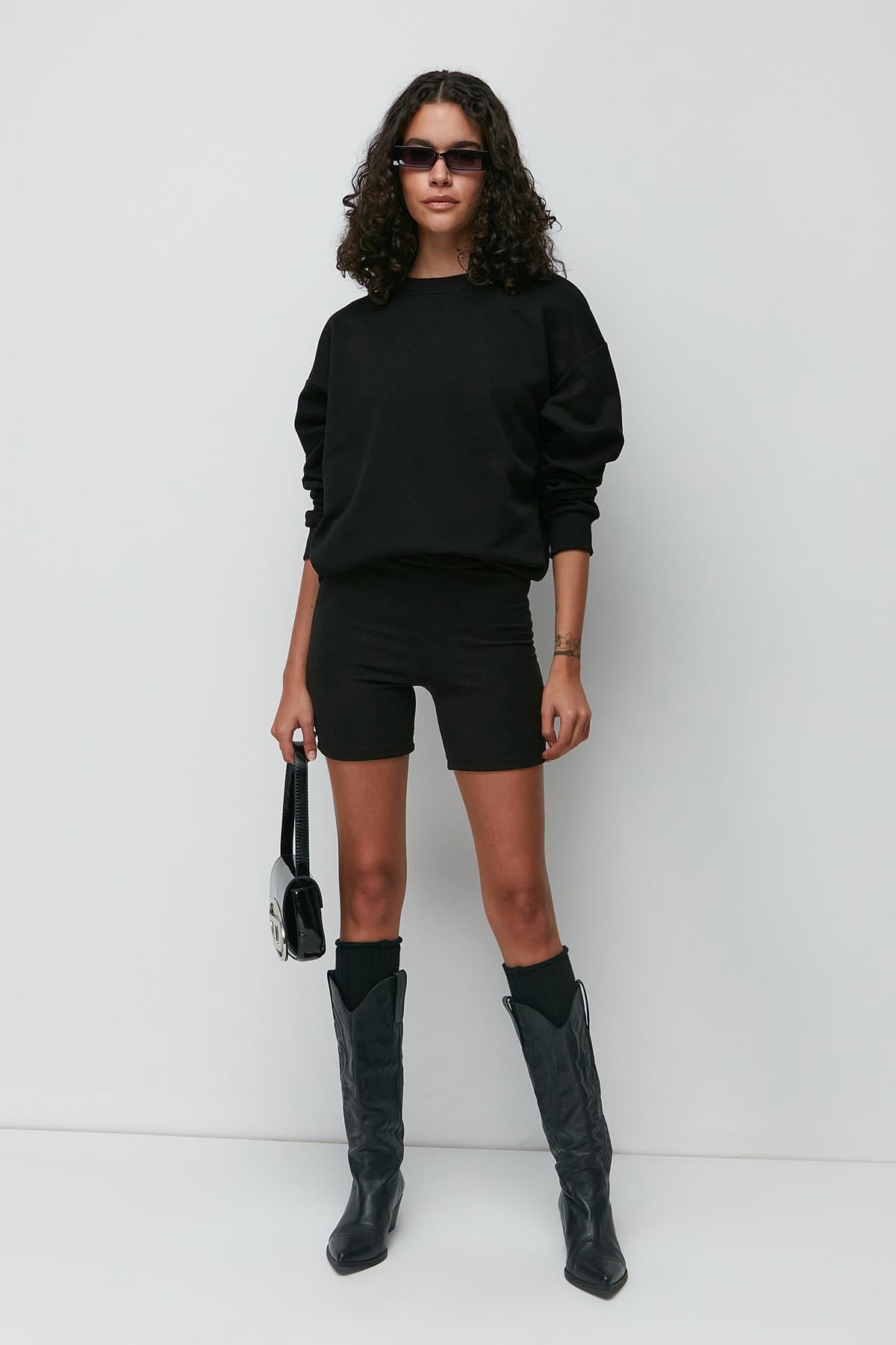 C&City Oversize Basic Bisiklet Yaka Kalın Sweatshirt 951 Siyah