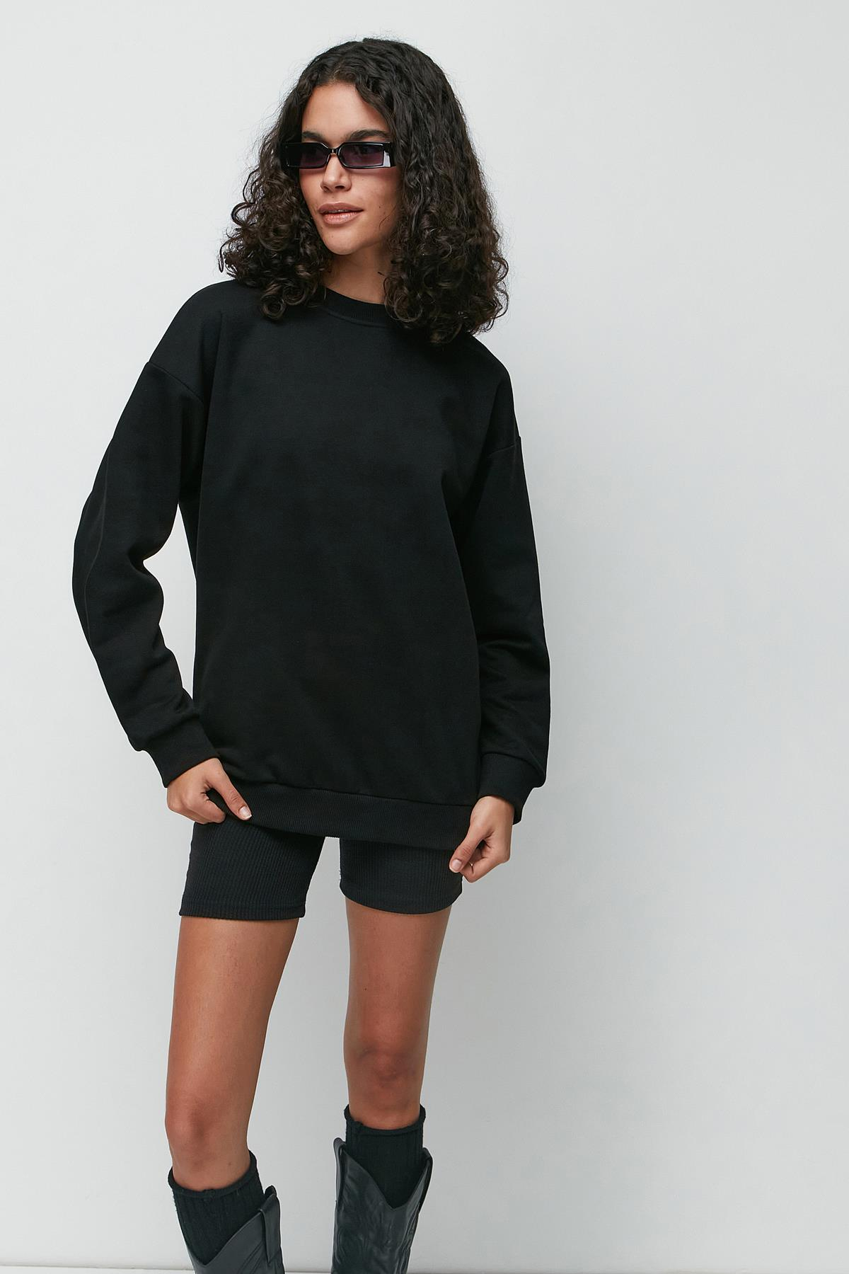 C&City Oversize Basic Bisiklet Yaka Kalın Sweatshirt 951 Siyah
