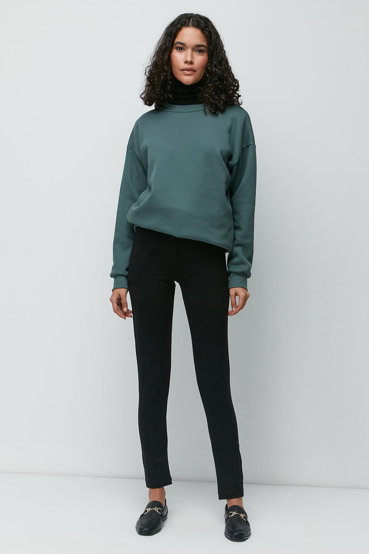 C&City Oversize Basic Bisiklet Yaka Kalın Sweatshirt 951 Yeşil