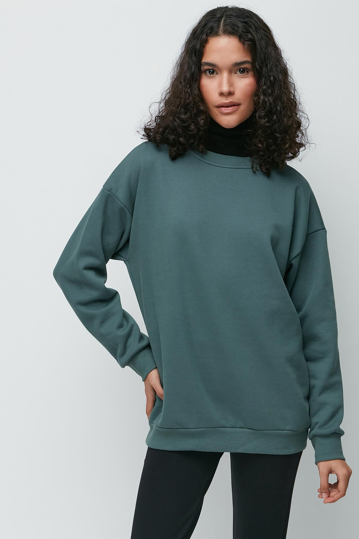 C&City Oversize Basic Bisiklet Yaka Kalın Sweatshirt 951 Yeşil