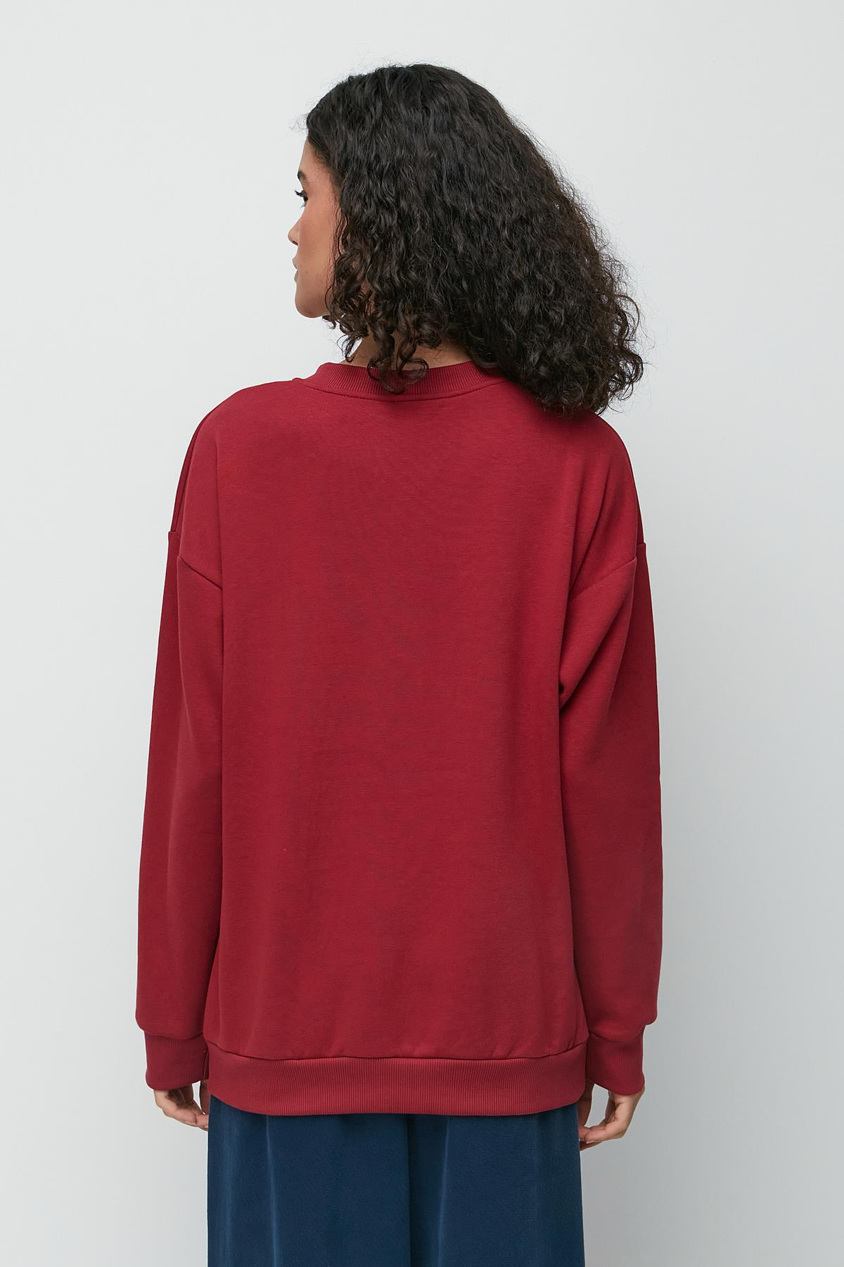 C&City Oversize Basic Bisiklet Yaka Kalın Sweatshirt 951 Bordo