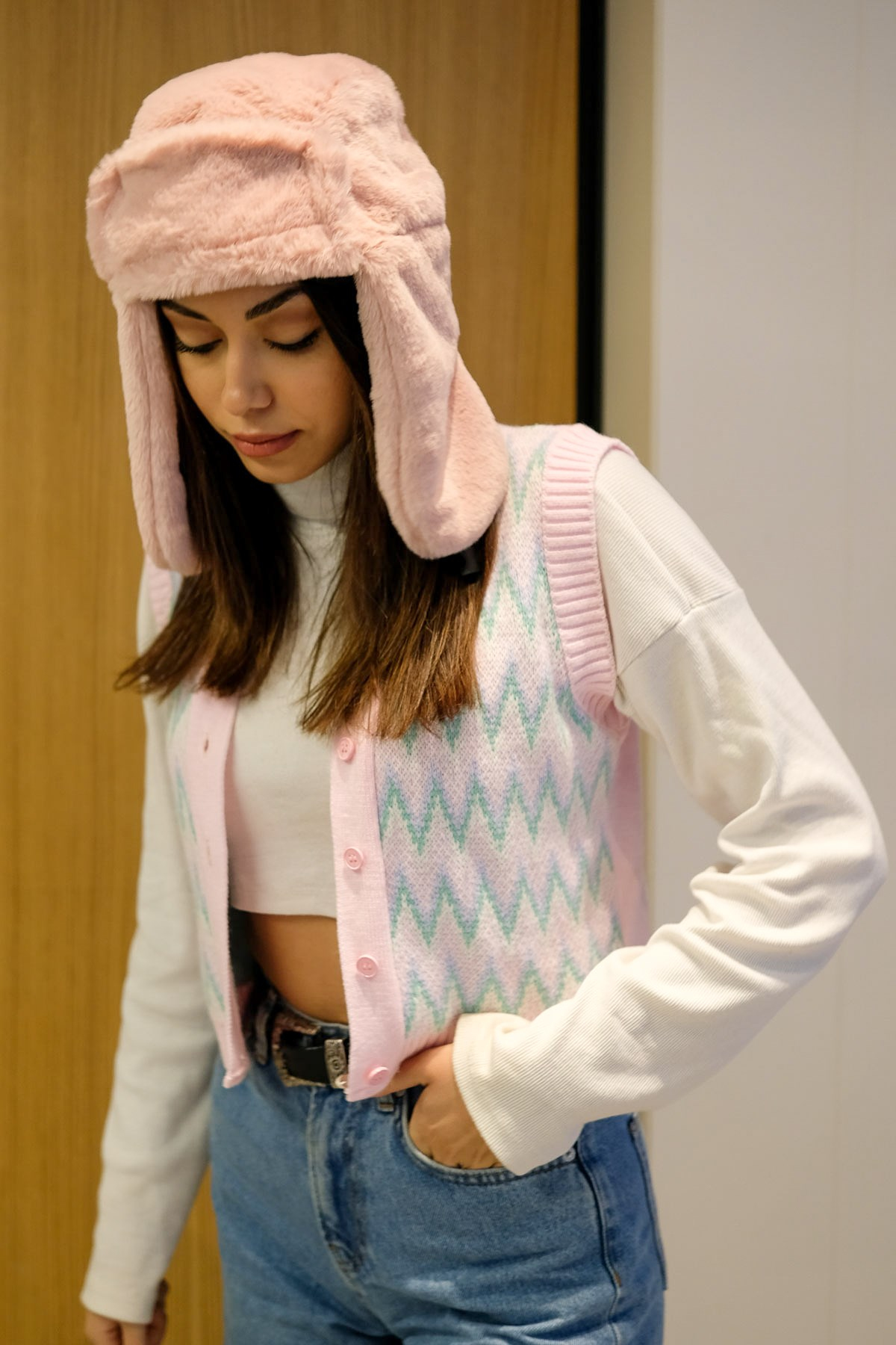 C&City Peluş Trapper Şapka 8002 Gül Kurusu