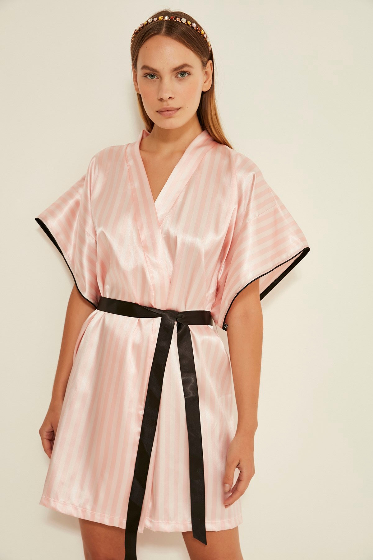 C&City Ruby Bristol Kadın Nakışlı Saten Sabahlık Pembe/Ekru