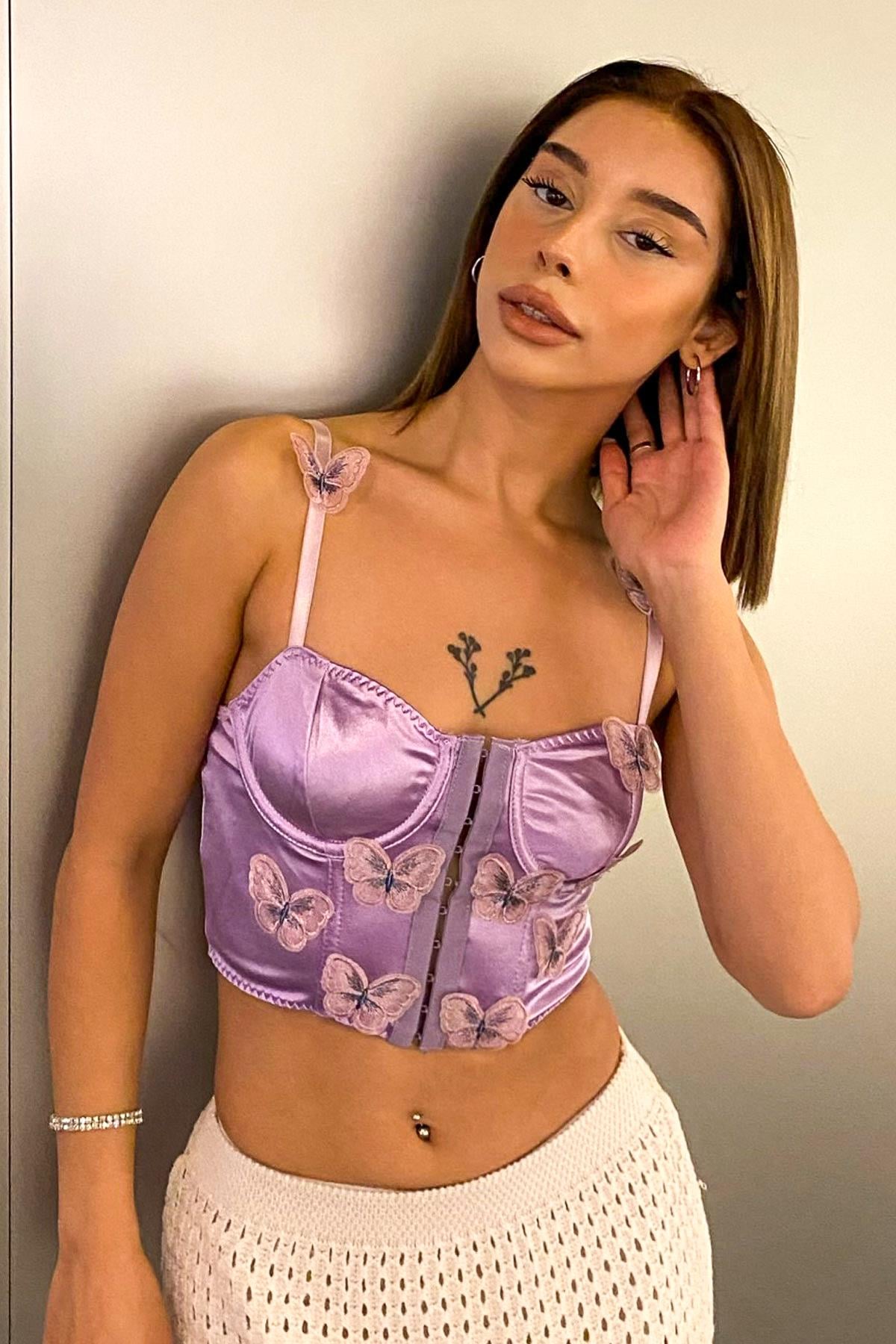C&City Saten Fantezi Crop Büstiyer 6055 Mor