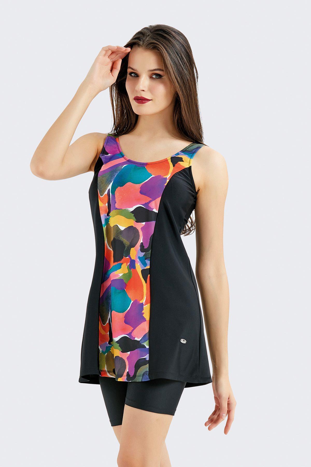 C&City Taytlı Elbise Mayo C14384 Siyah/Çok Renkli