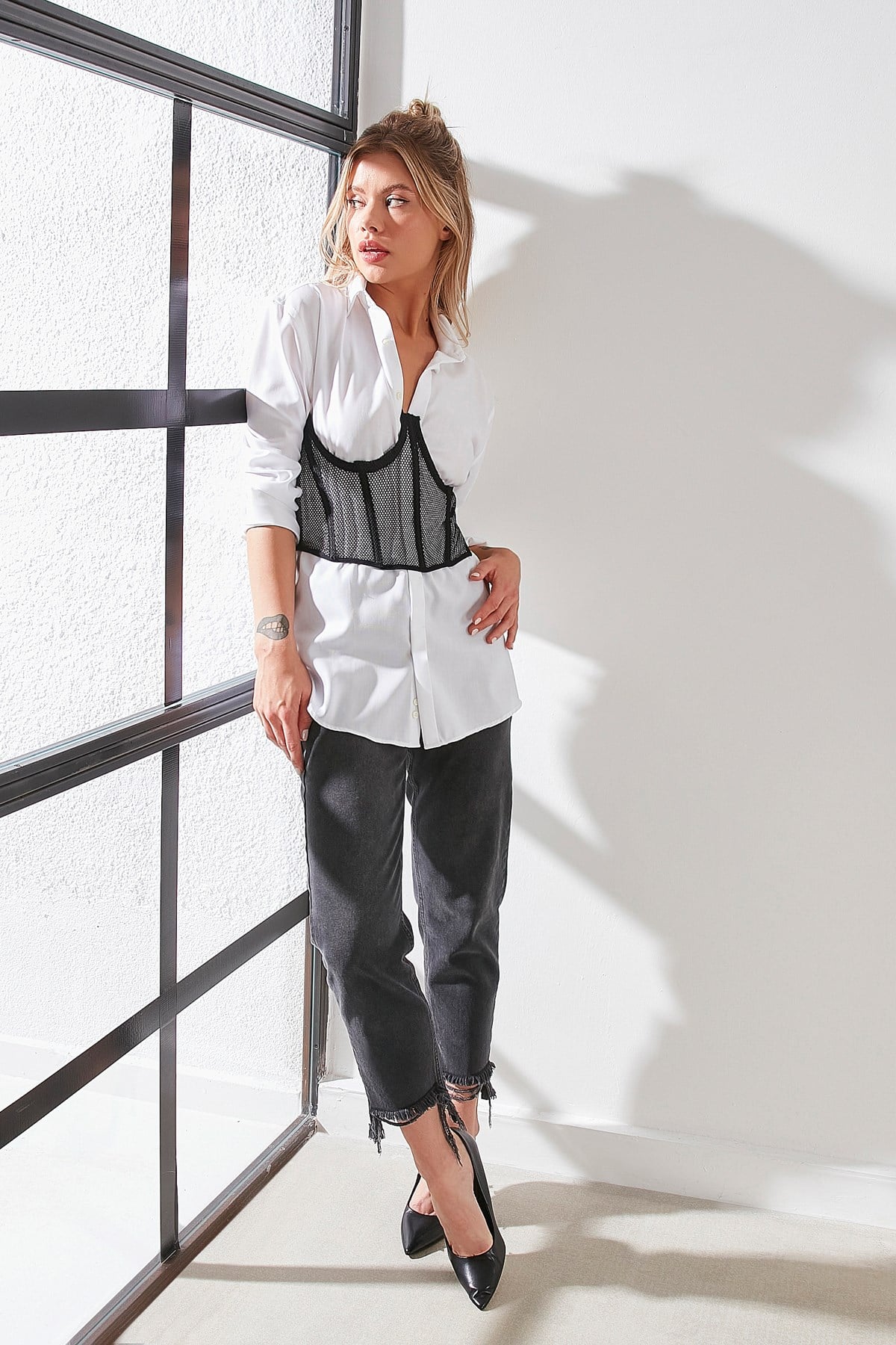 C&City Transparan Fantezi Balenli Top Korse 6005 Siyah