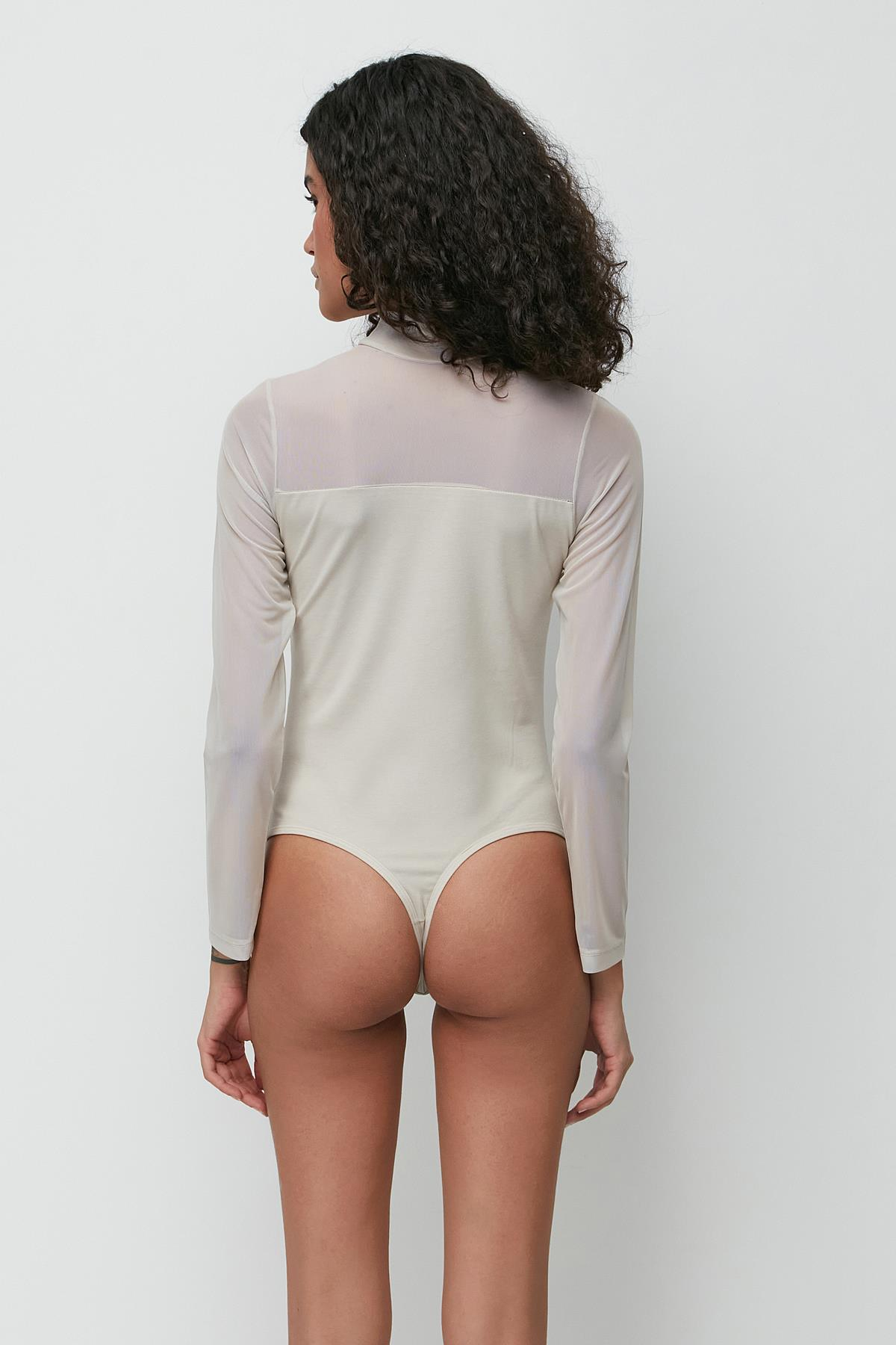 C&City Tül Detay Balıkçı Yaka Uzun Kol Çıtçıtlı Body 311 Taş