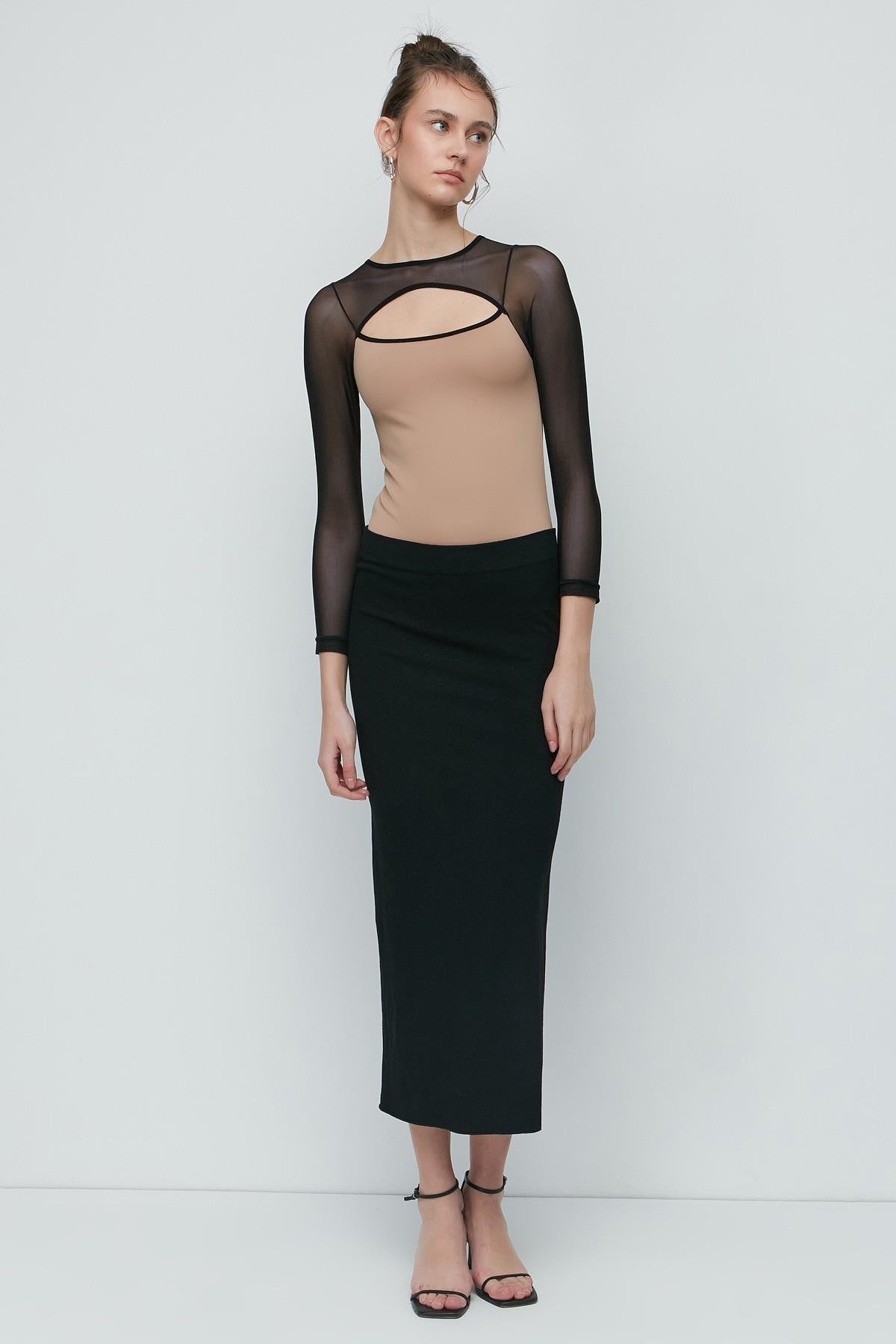 C&City Tül Detay Uzun Kol Fantezi Bodysuit 9153 Kahverengi