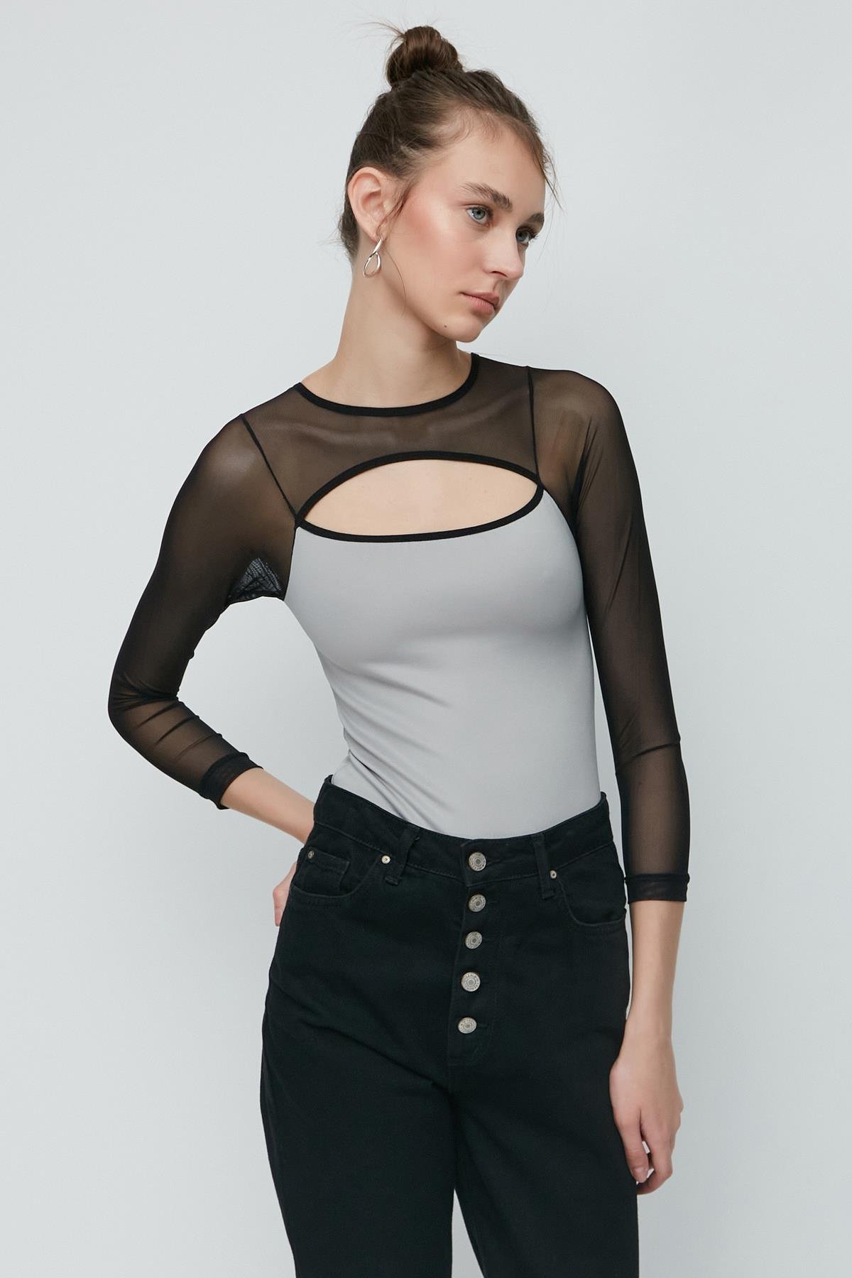 C&City Tül Detay Uzun Kol Fantezi Bodysuit 9153 Gri