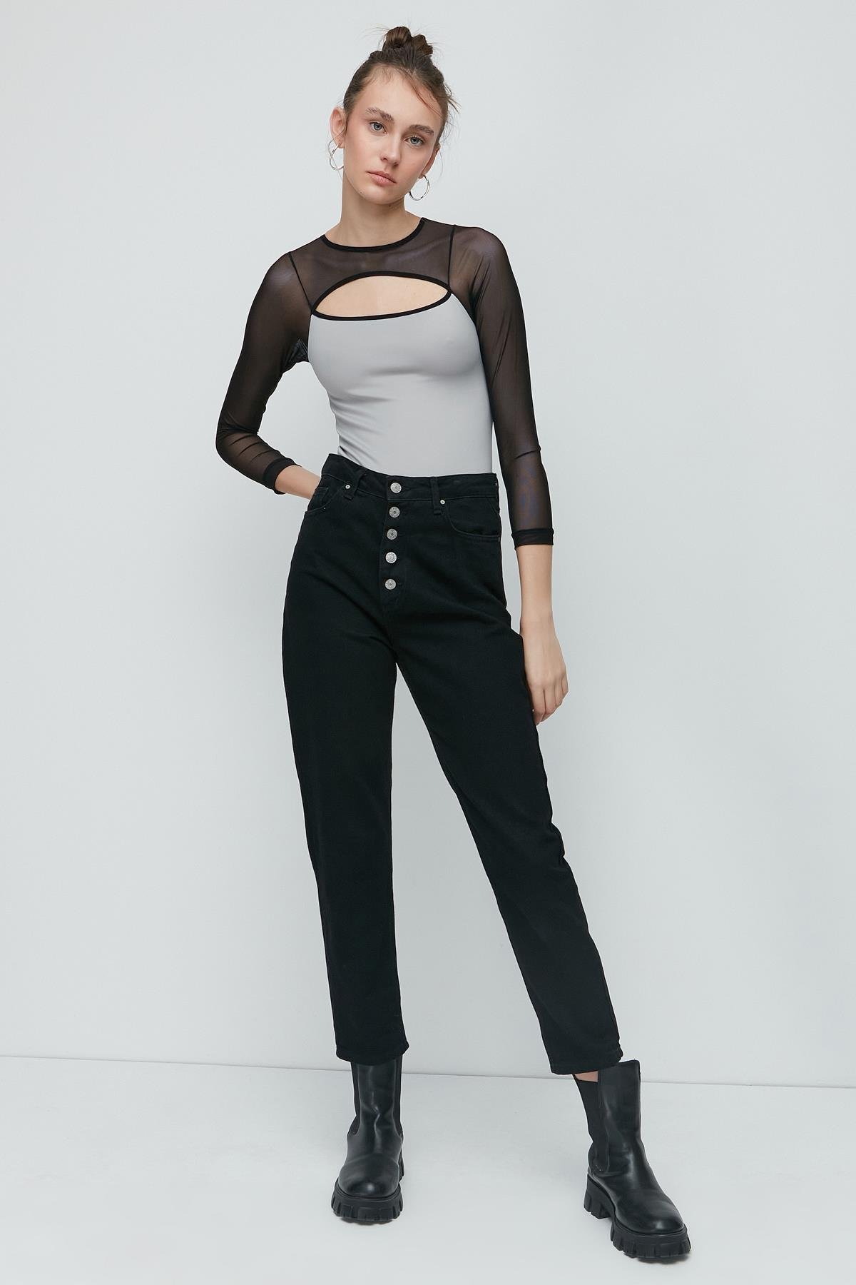 C&City Tül Detay Uzun Kol Fantezi Bodysuit 9153 Gri