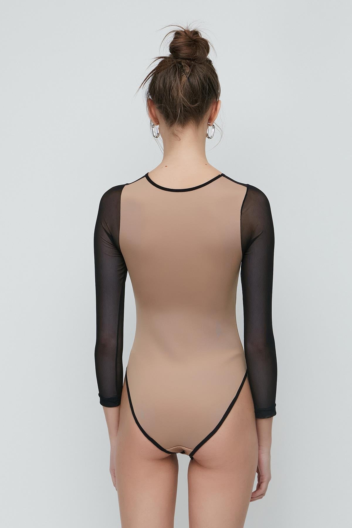 C&City Tül Detay Uzun Kol Fantezi Bodysuit 9153 Kahverengi