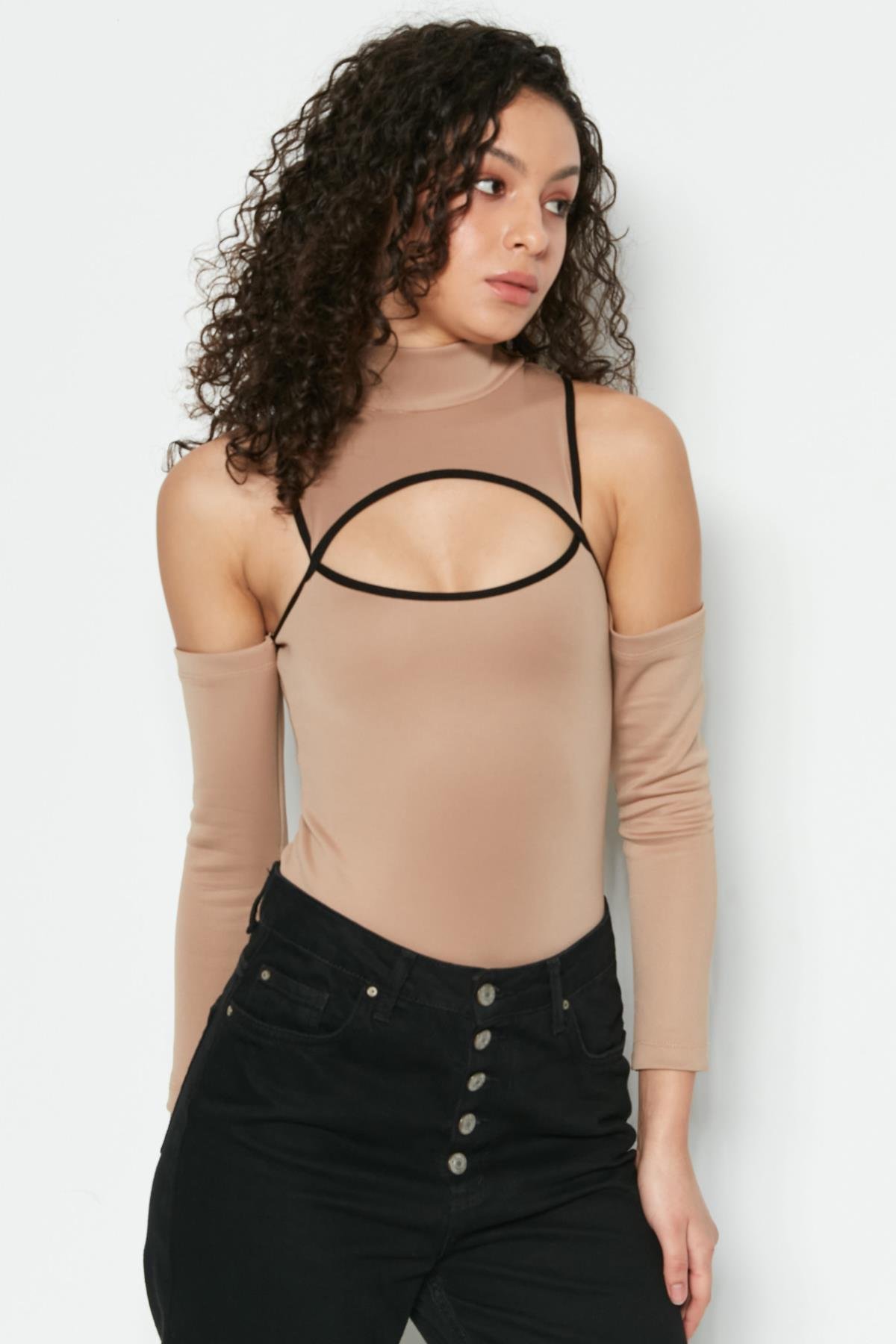 C&City Uzun Kol Boğazlı Fantezi Bodysuit 9154 Kahverengi