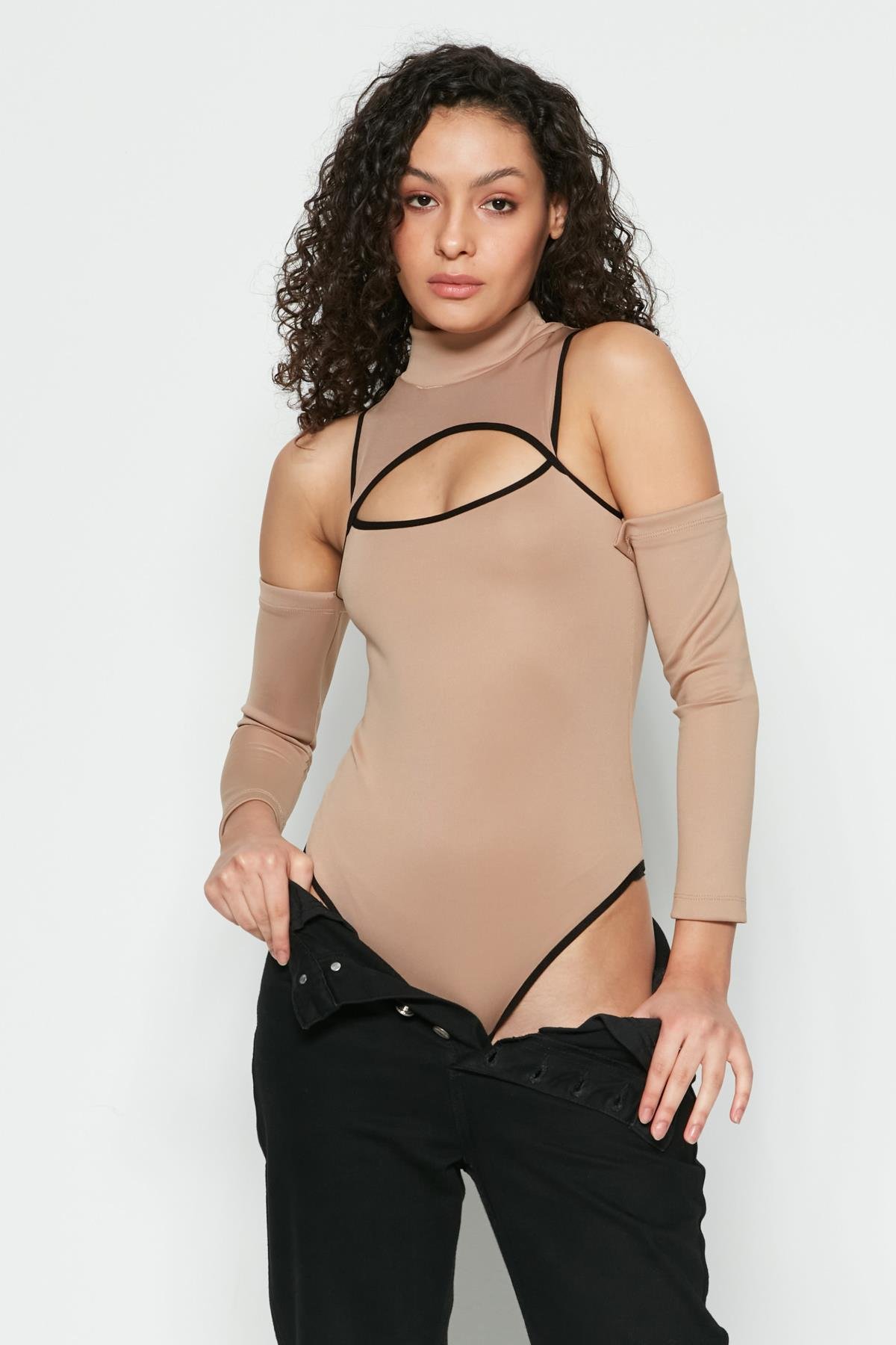 C&City Uzun Kol Boğazlı Fantezi Bodysuit 9154 Kahverengi