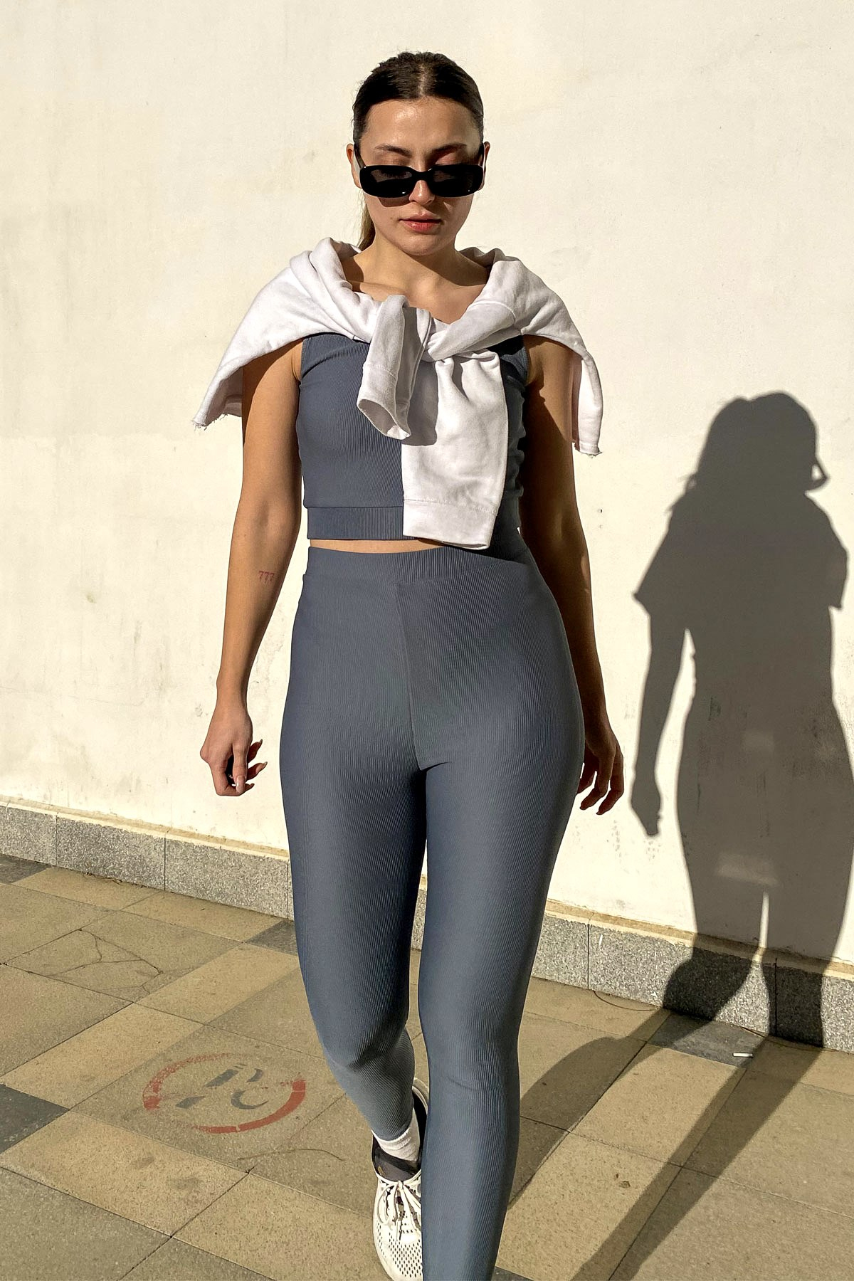 C&City Yüksek Bel Fitilli Örme Büstiyer Tayt Takım C10010 Gri