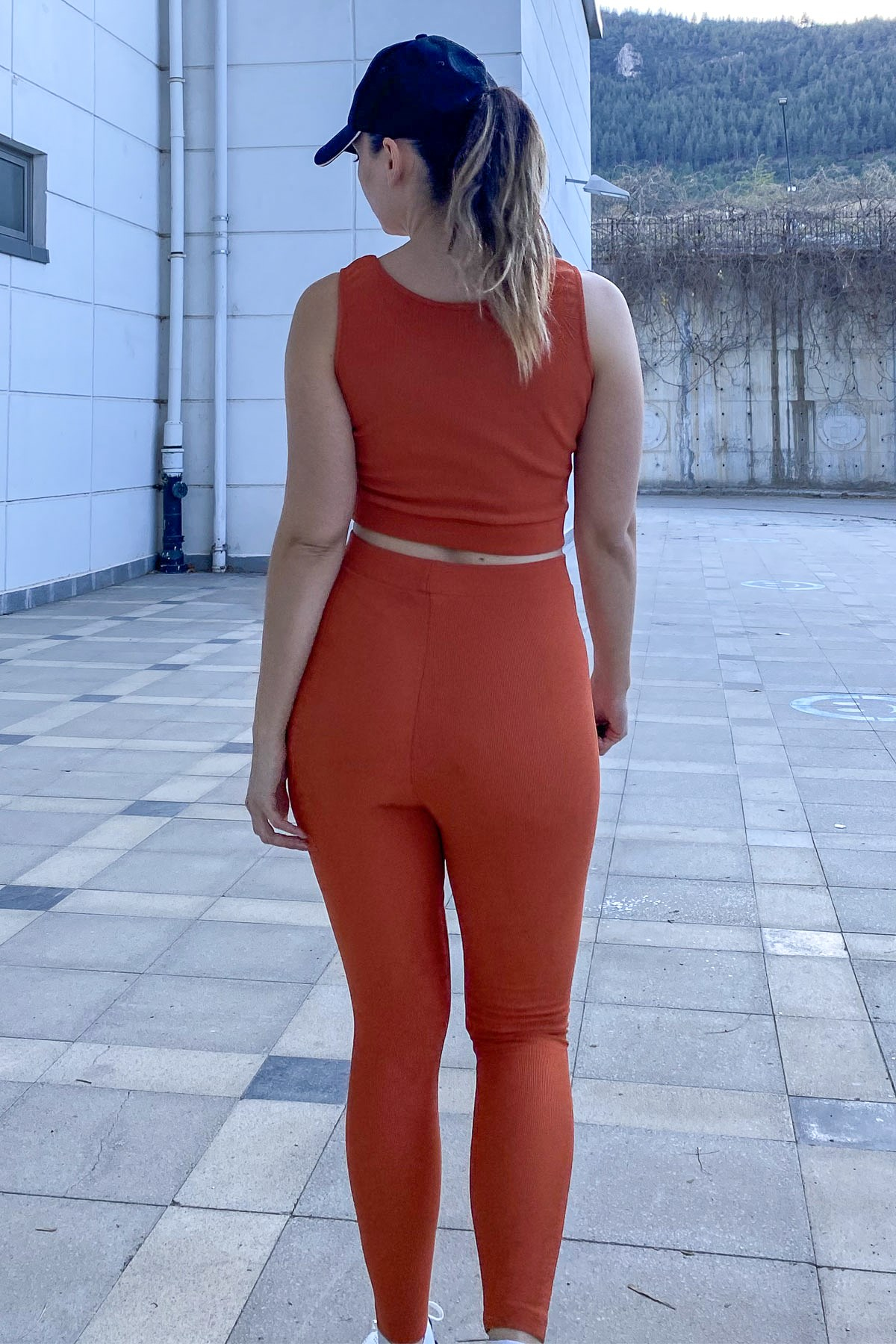 C&City Yüksek Bel Fitilli Örme Büstiyer Tayt Takım C10010 Taba