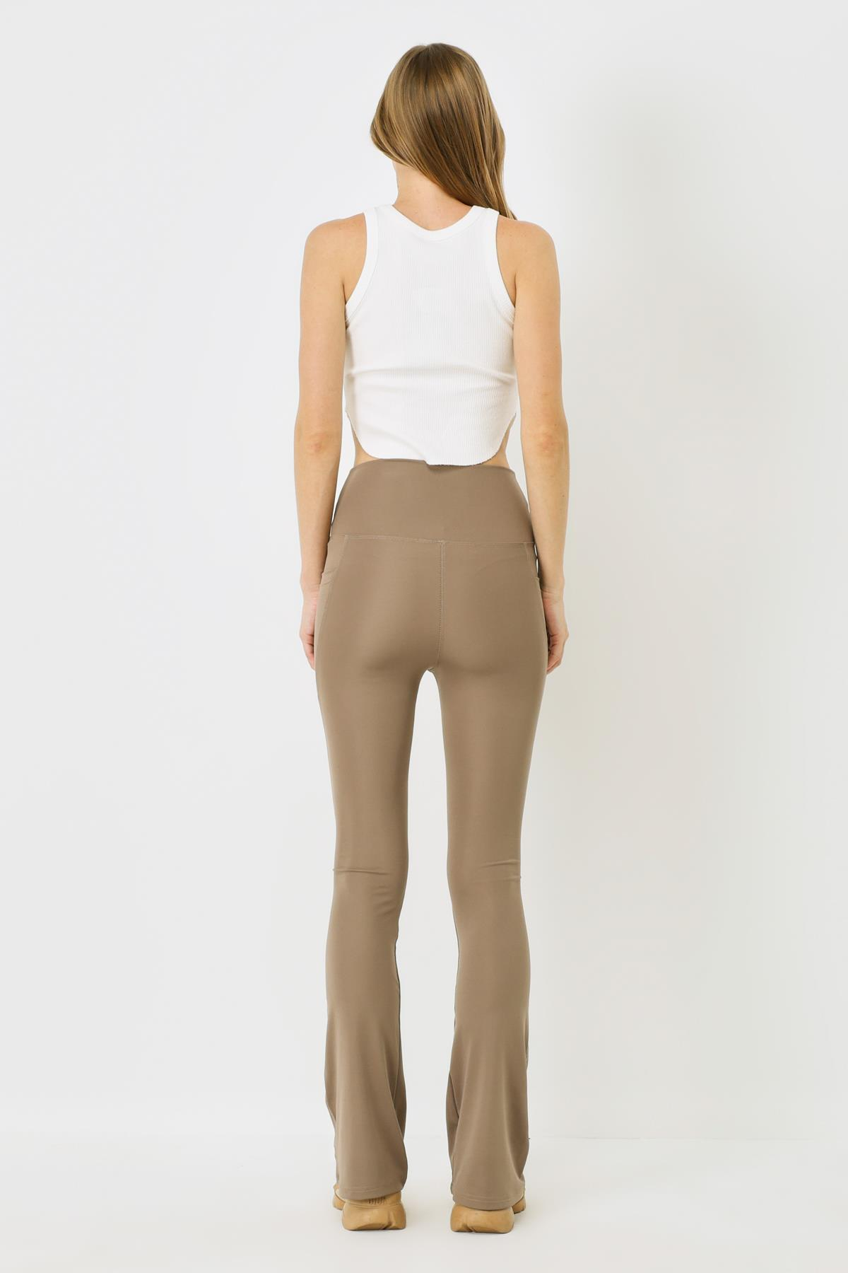 Cepli Yüksek Bel İspanyol Paça Uzun Spor Tayt 9405 Kahverengi