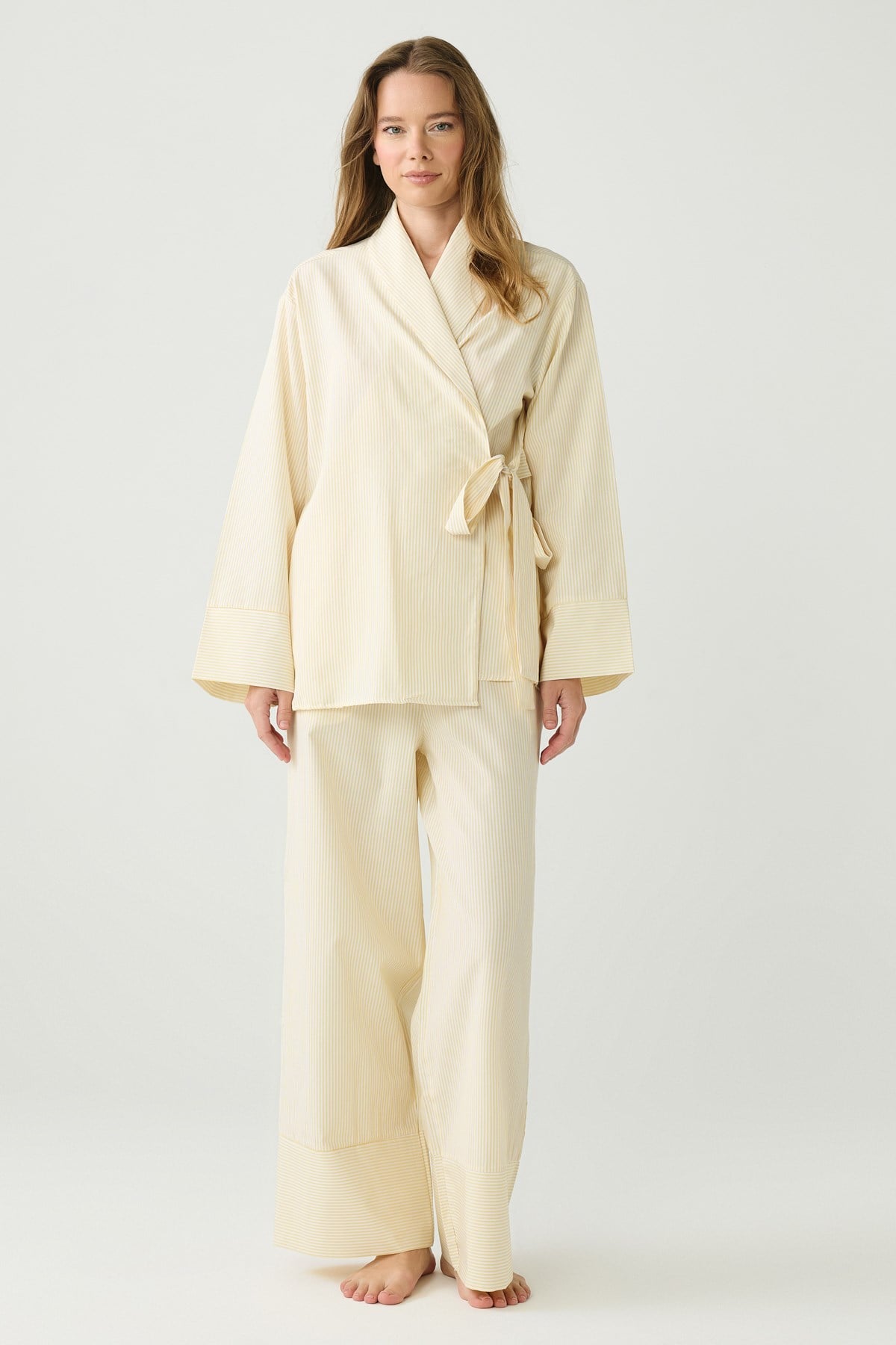 DayJamas Çizgili Kimono Pantolon Takım Açık Sarı