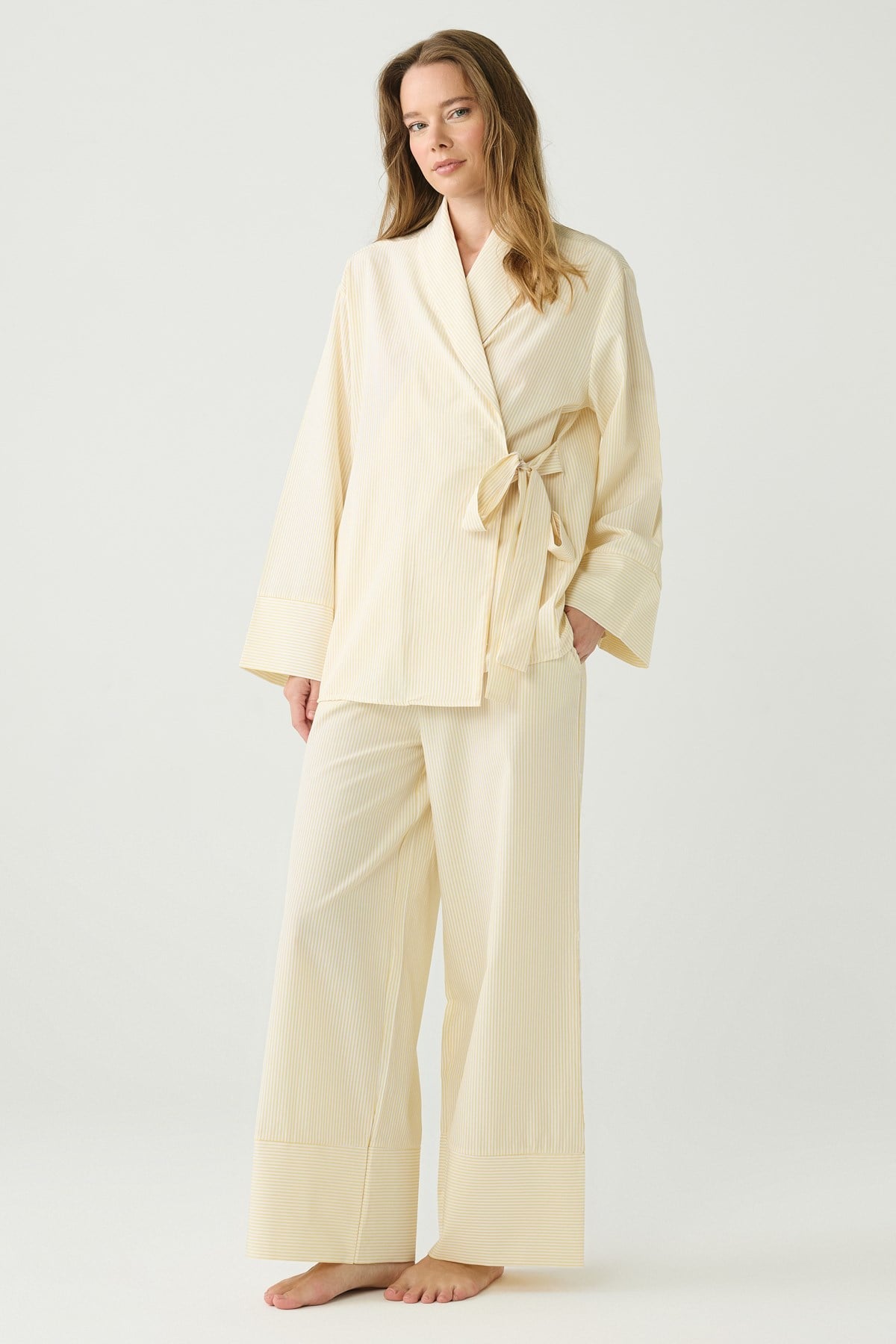 DayJamas Çizgili Kimono Pantolon Takım Açık Sarı