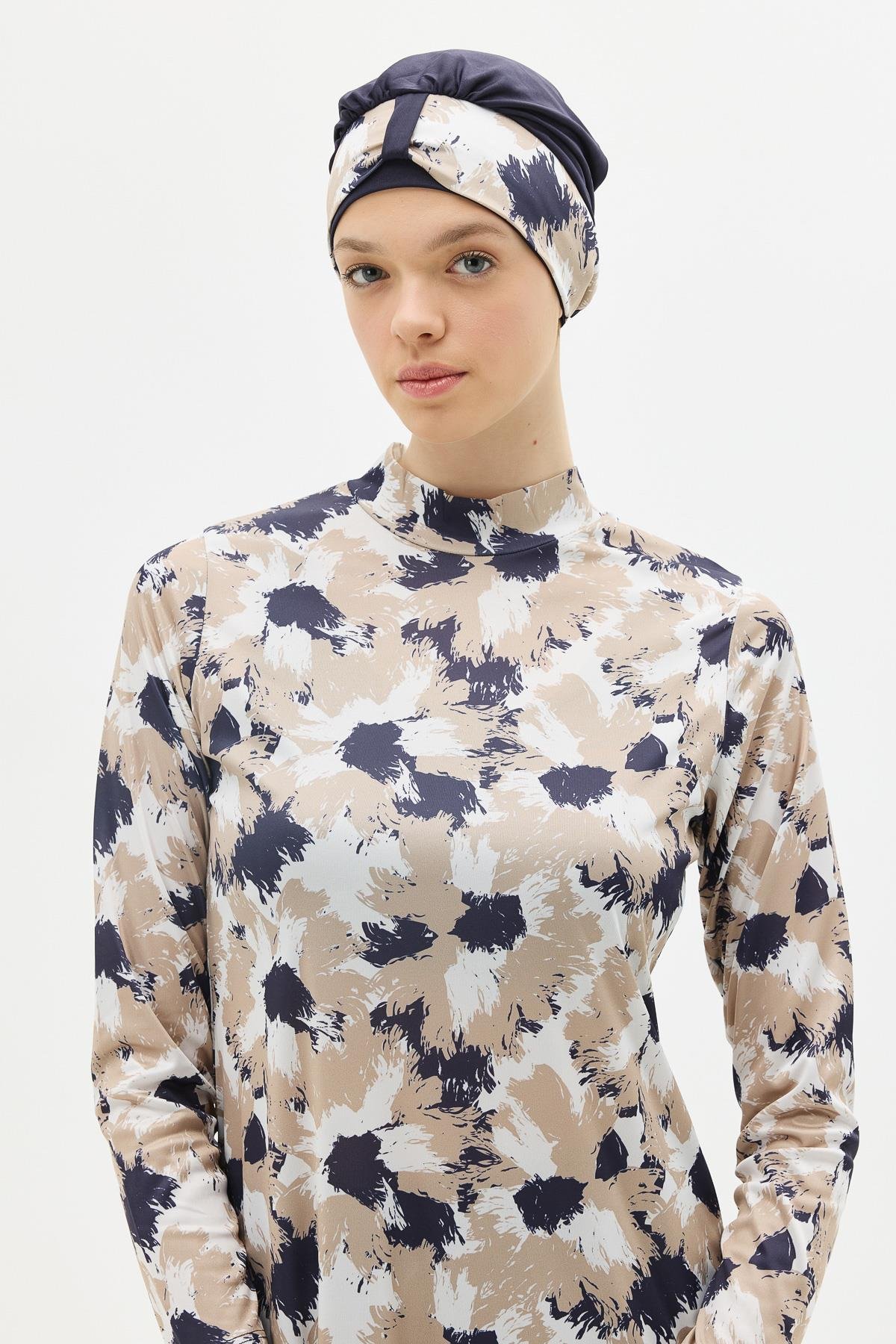 Desenli 4'lü Tesettür Mayo 1300 Koyu Lacivert