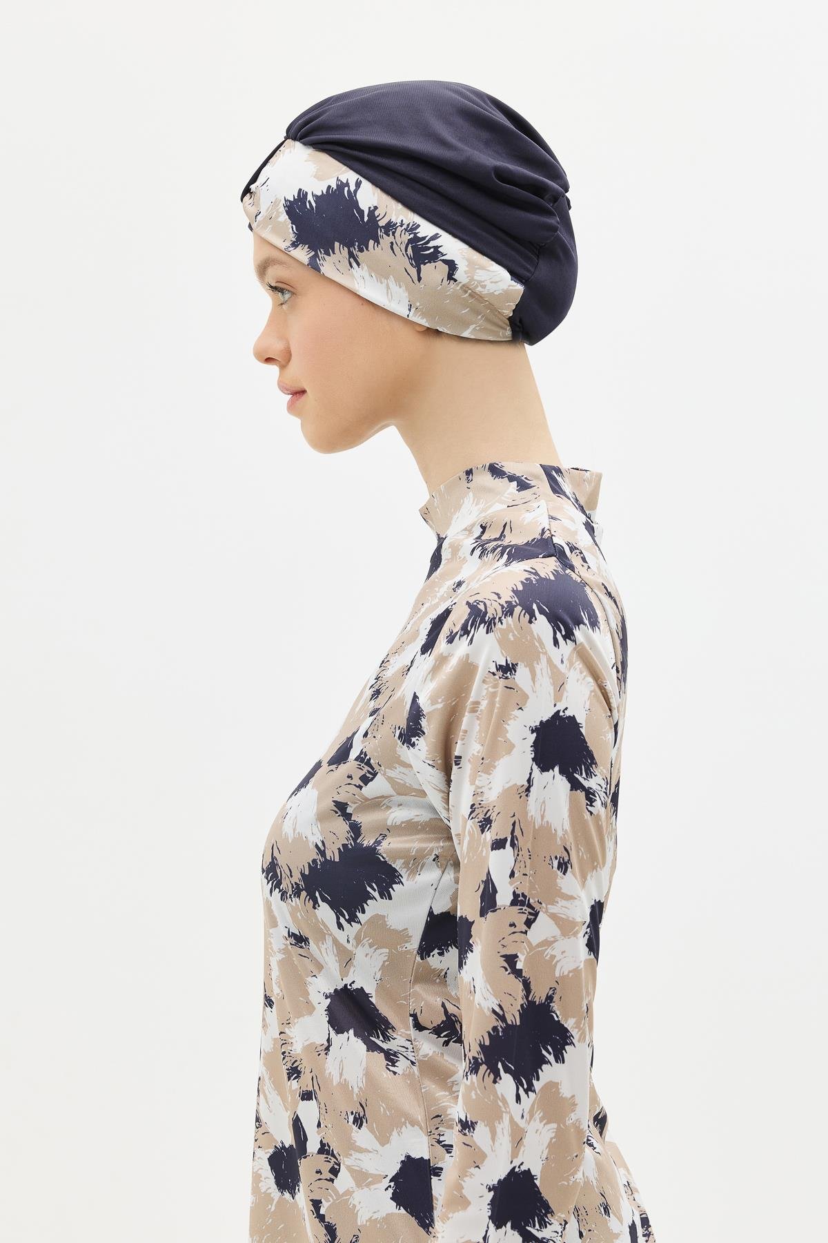 Desenli 4'lü Tesettür Mayo 1300 Koyu Lacivert