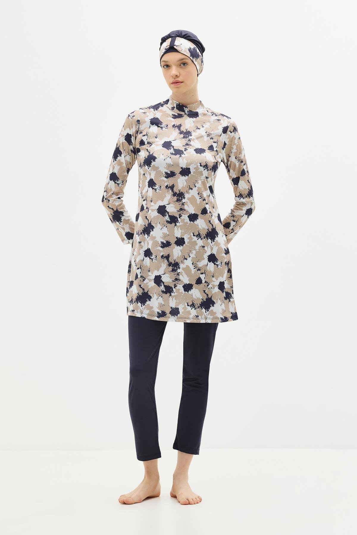 Desenli 4'lü Tesettür Mayo 1300 Koyu Lacivert