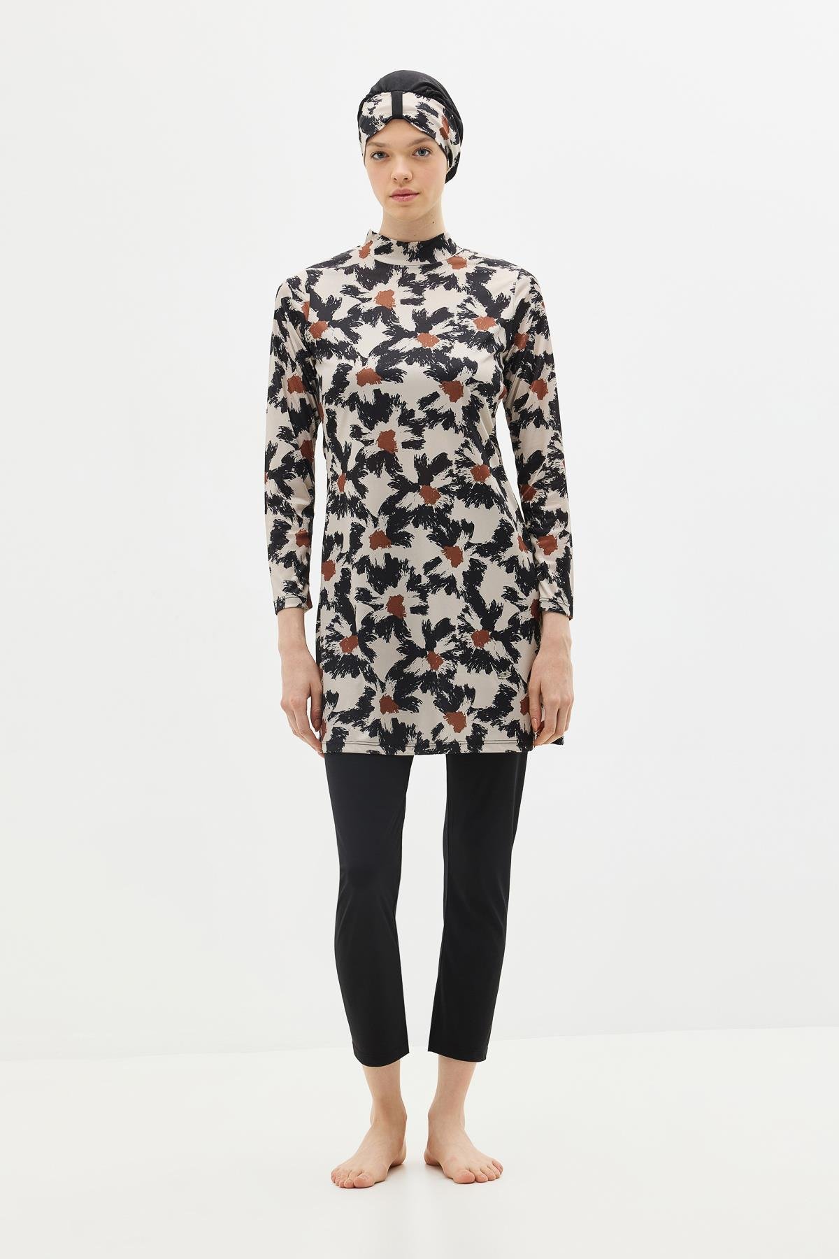 Desenli 4'lü Tesettür Mayo 1300 Siyah