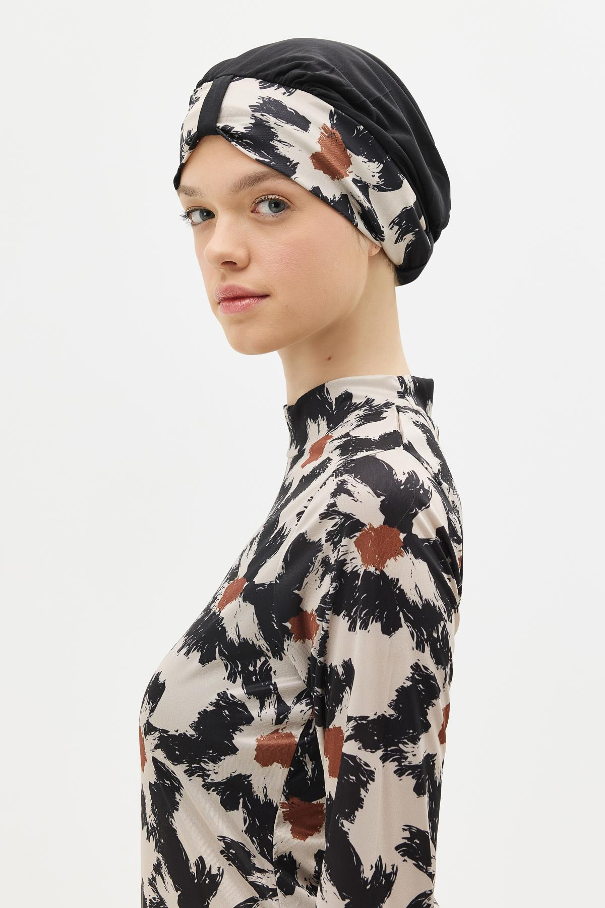 Desenli 4'lü Tesettür Mayo 1300 Siyah