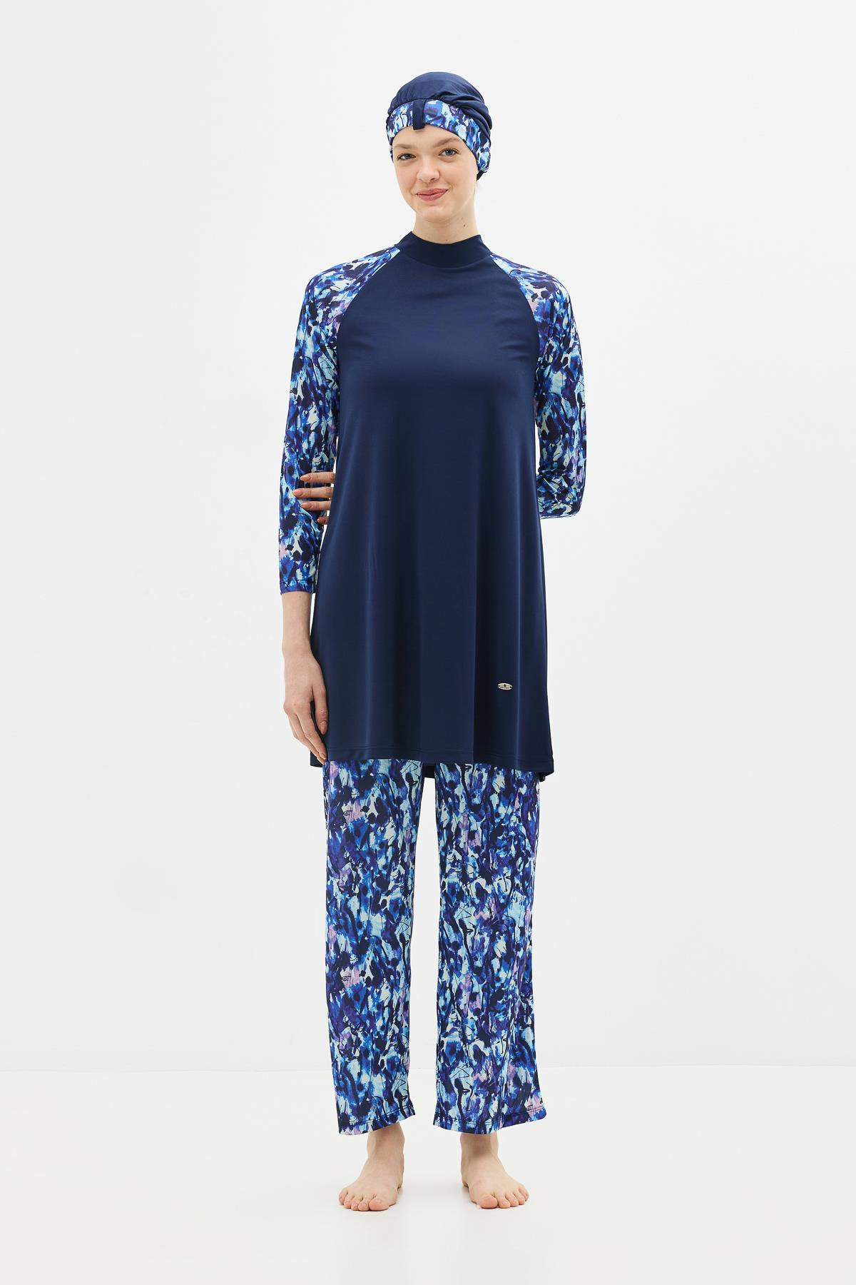 Desenli 4'lü Tesettür Mayo 1305 Koyu Lacivert