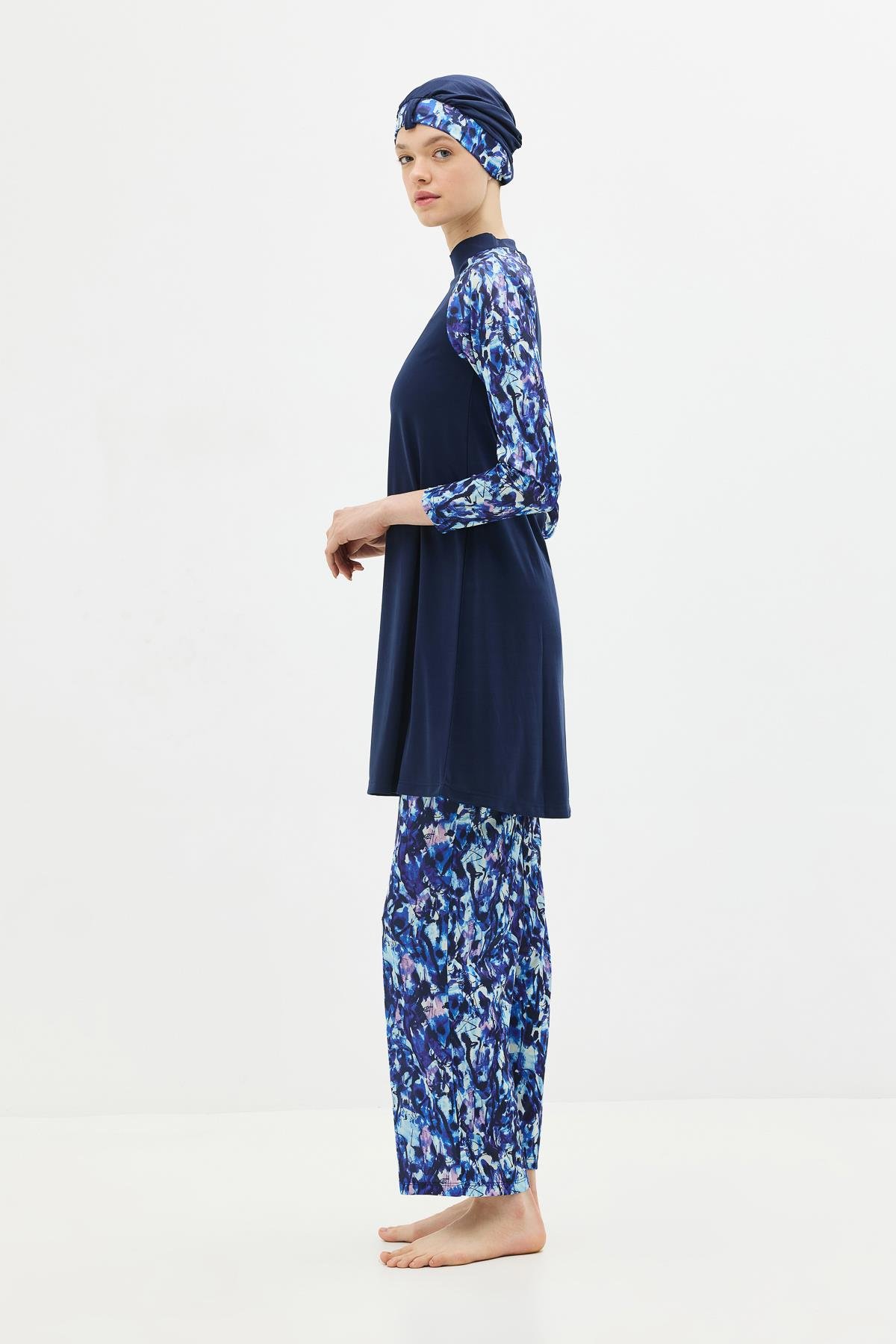 Desenli 4'lü Tesettür Mayo 1305 Koyu Lacivert