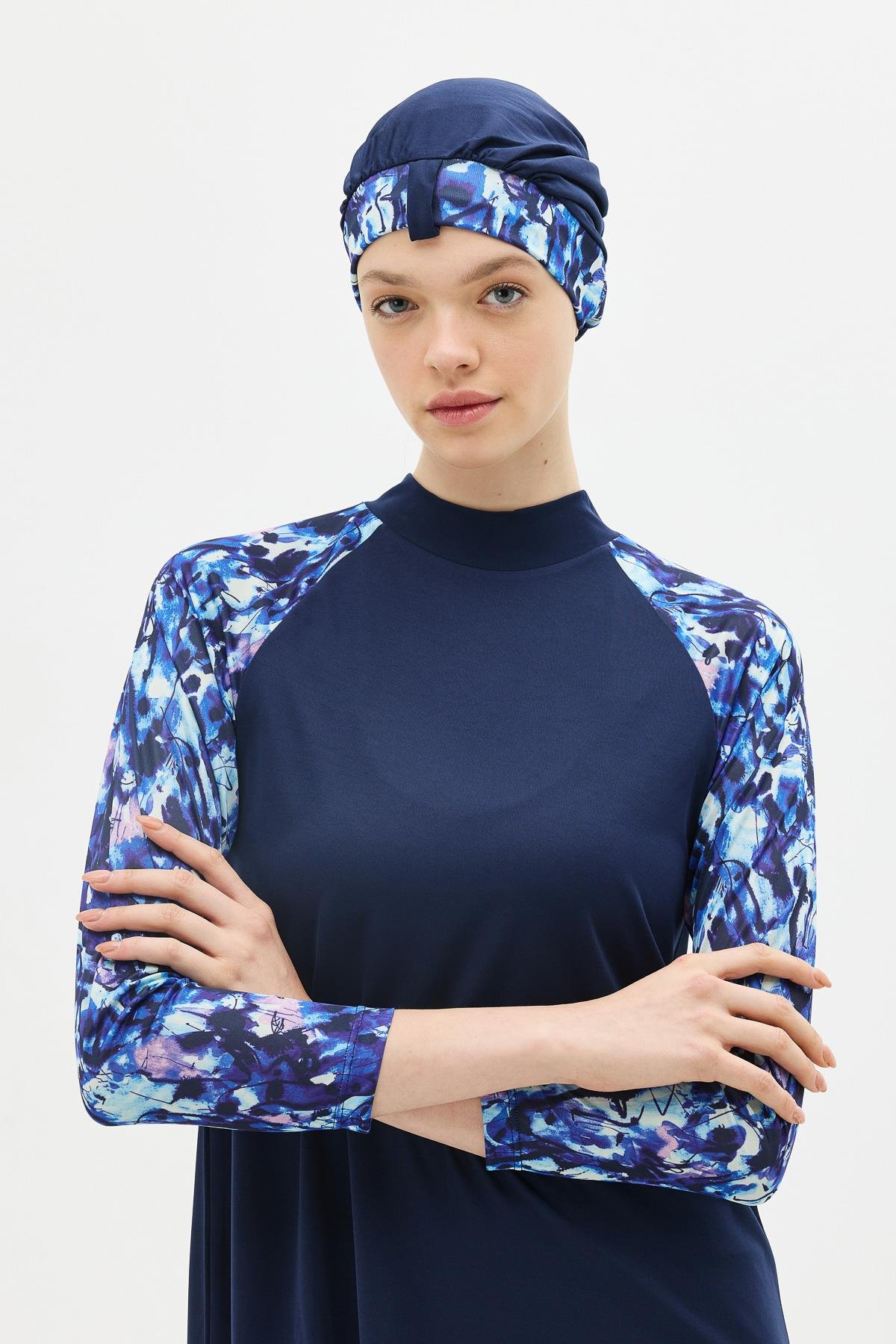 Desenli 4'lü Tesettür Mayo 1305 Koyu Lacivert