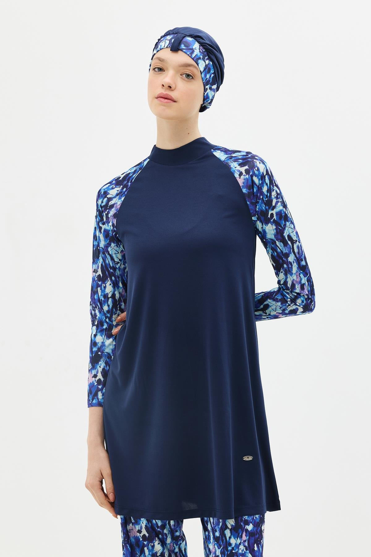 Desenli 4'lü Tesettür Mayo 1305 Koyu Lacivert
